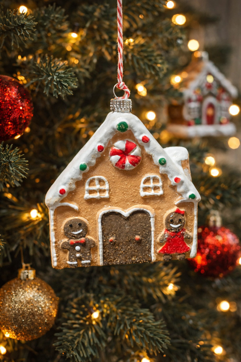 Adorable gingerbread house Christmas tree ornament with hanging loop styled on a festive Christmas tree — Mistletoe Home Australia