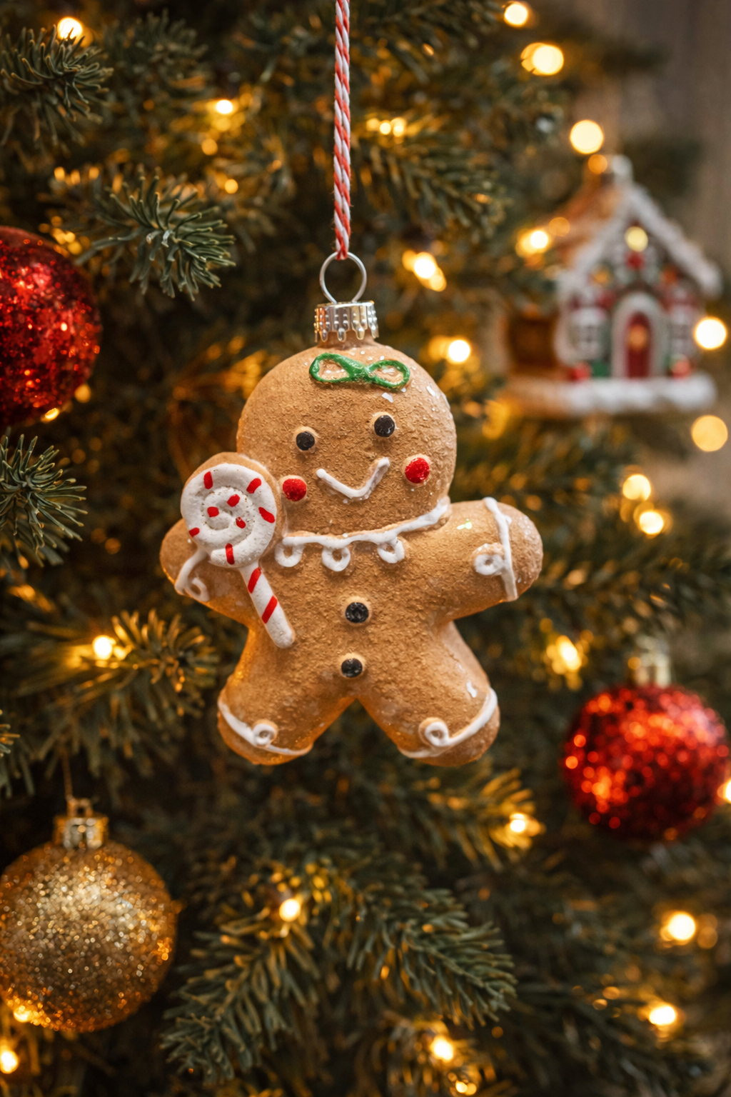 Adorable gingerbread man Christmas tree ornament with hanging ribbon styled on a festive Christmas tree — Mistletoe Home Australia