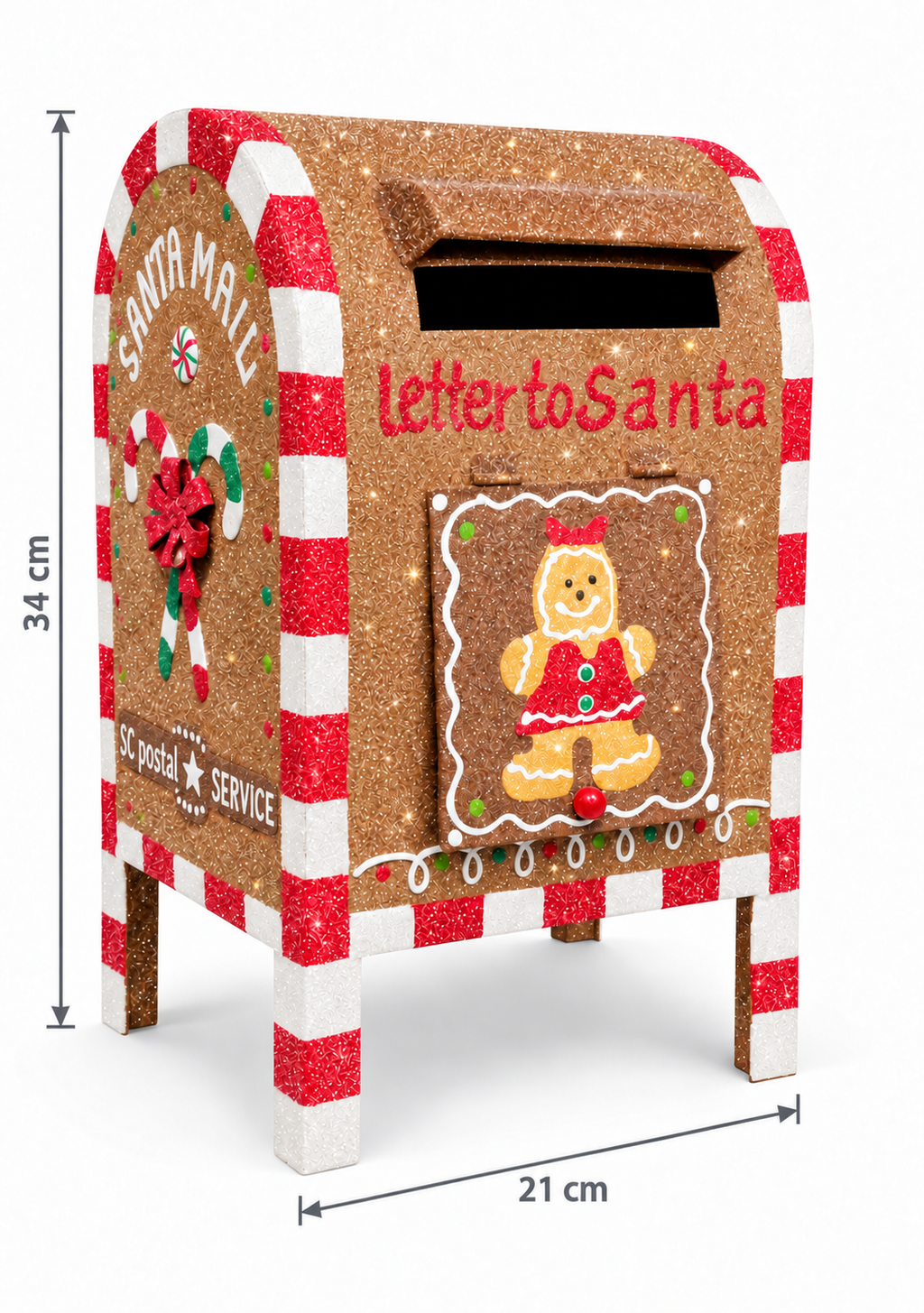 Gingerbread Letter to Santa mailbox with red and white candy cane stripes, a gingerbread girl door and a “Santa Mail” side panel on a plain white background, showing 34cm height and 21cm width measurements