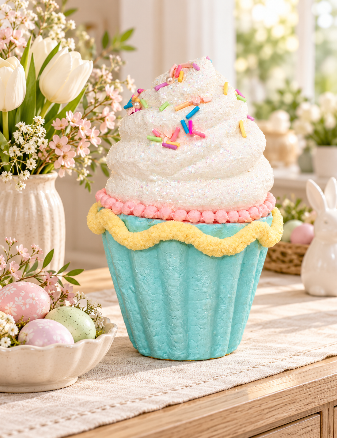 Pastel sprinkle cupcake decoration with white glitter frosting and rainbow sprinkles, styled on a timber sideboard with white tulips, blossoms, pastel Easter eggs and a white bunny figurine