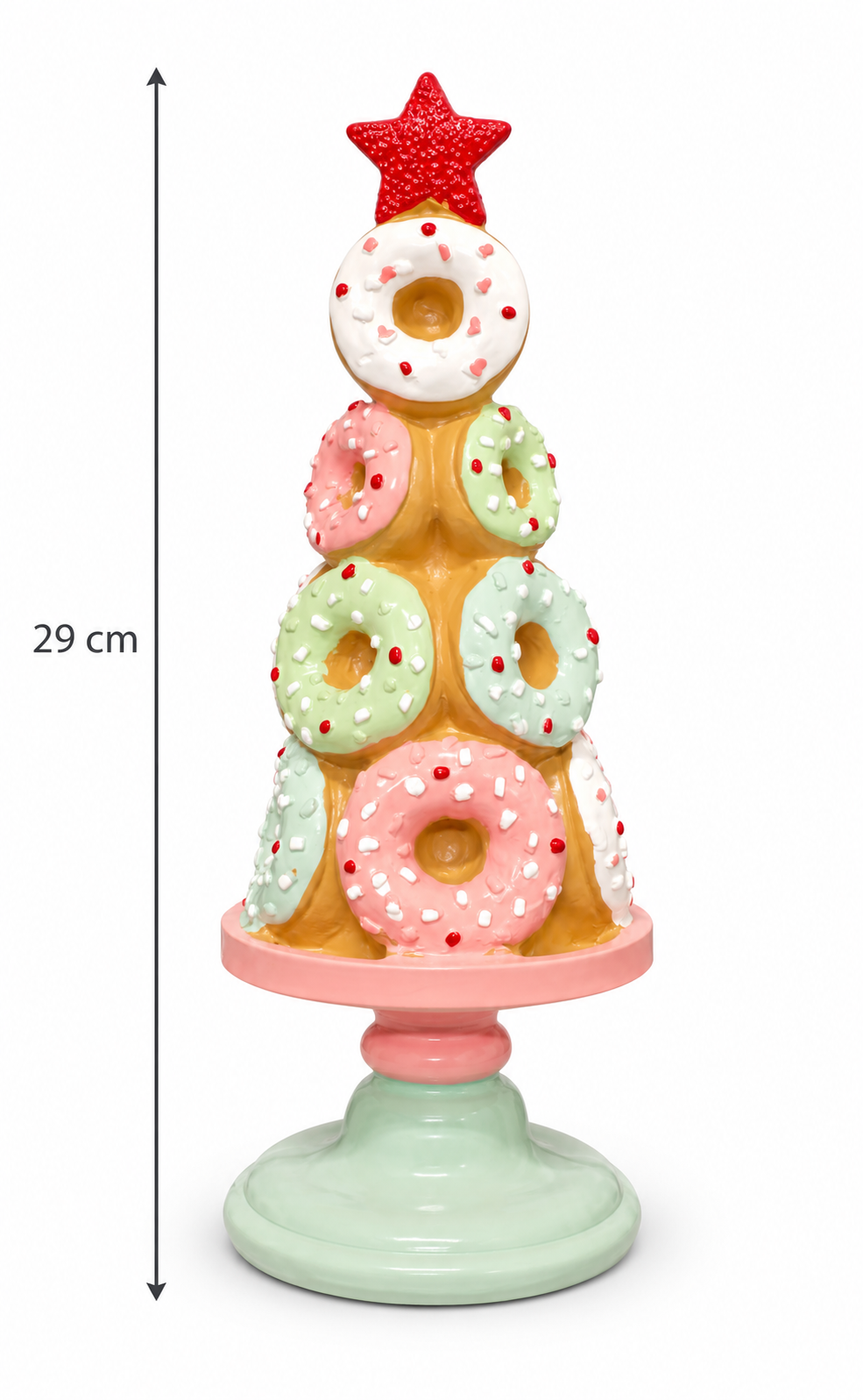 Pastel donut Christmas tree with pink, mint and white iced donuts, sprinkles and red star on a pink and mint pedestal stand, shown on a plain white background with a 29cm height measurement