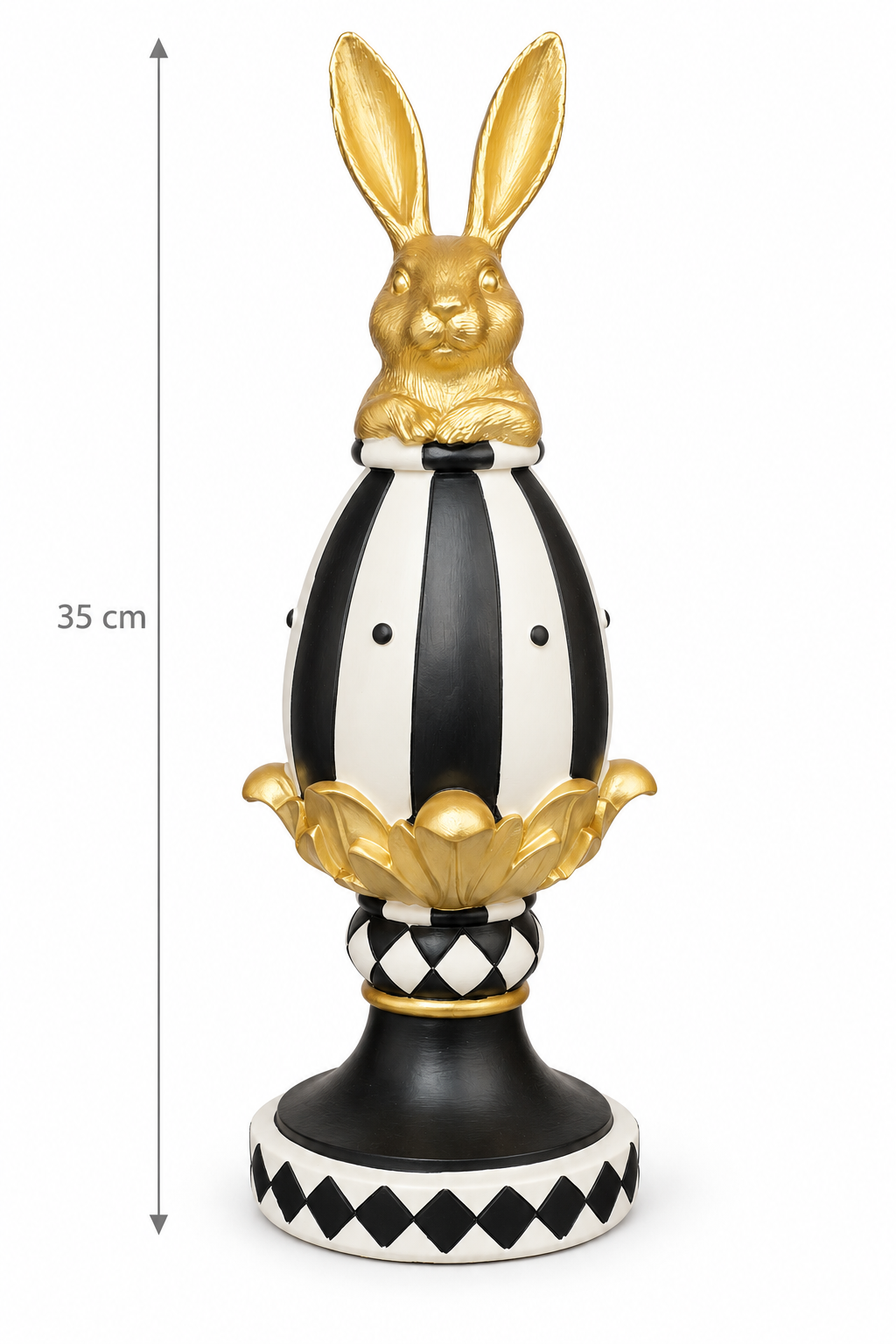 Gold bunny striped egg finial figurine, 35cm tall, with black and white stripes, gold leaf collar and harlequin diamond base, shown on a white background with height measurement