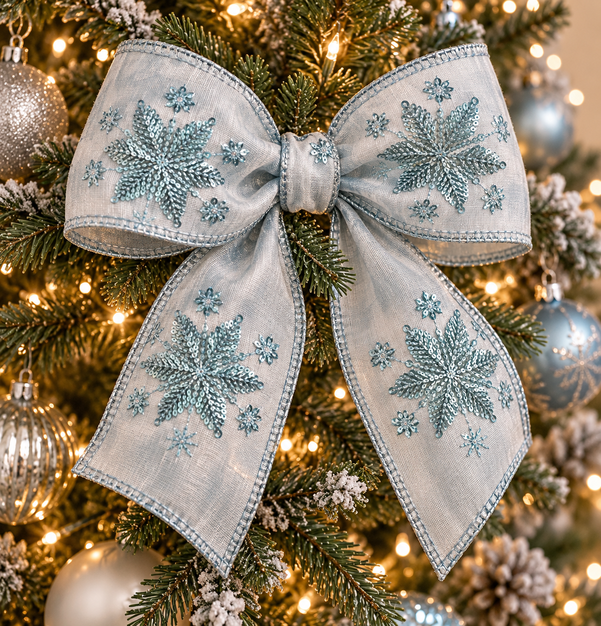 Icy blue wire edged ribbon tied in a large bow with sequin snowflake embroidery and stitched edges, styled on a Christmas tree with warm white lights, silver and blue baubles and frosted pine branches