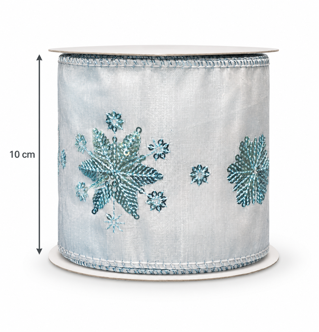 Roll of icy blue wire edged Christmas ribbon, 10cm wide and 8m long, with embroidered teal and blue sequin snowflakes and stitched edges, shown on a white background with width measurement