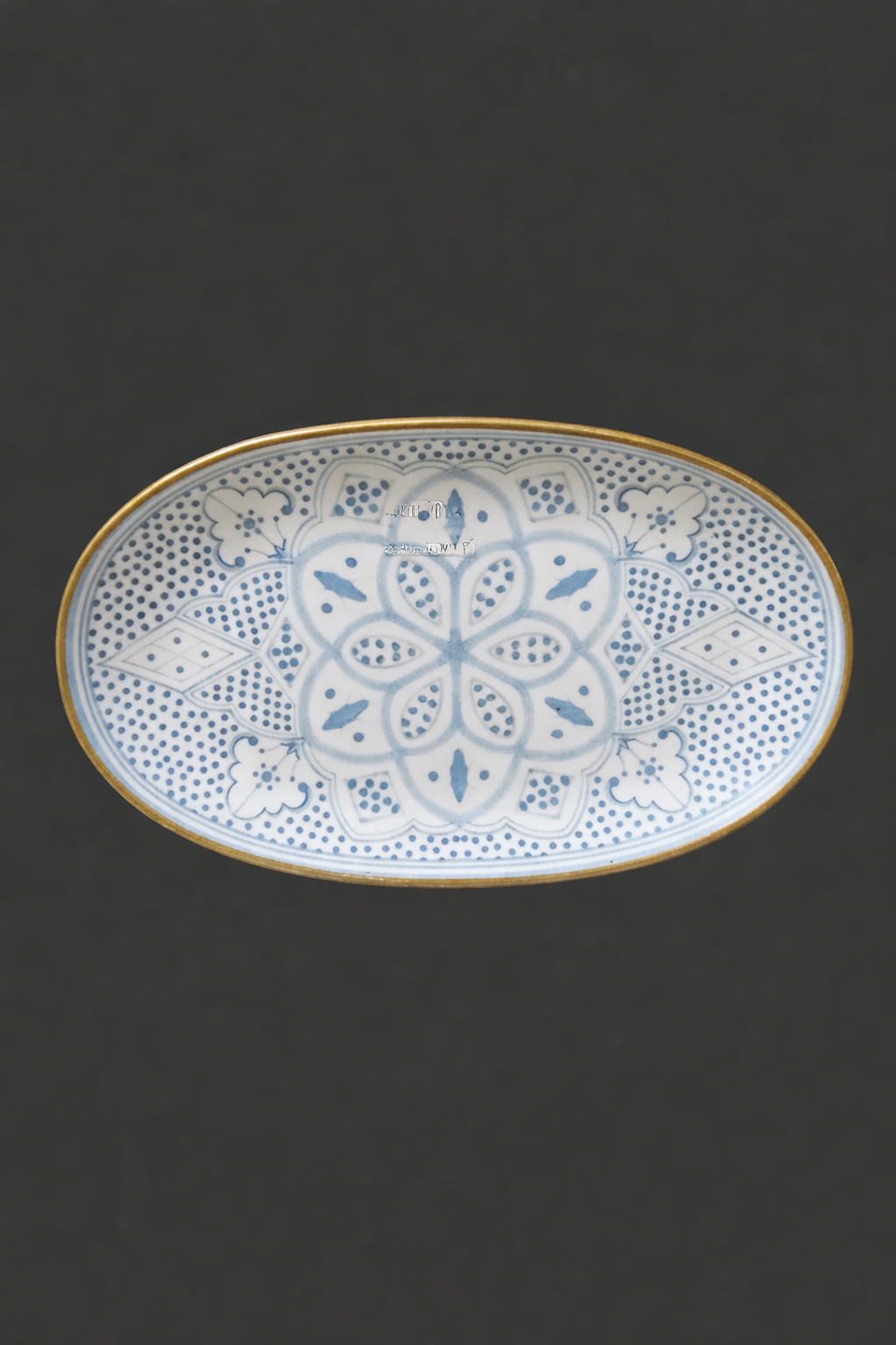 Intricate blue and white ceramic oval serving dish close up — coastal home décor Australia Mistletoe Home