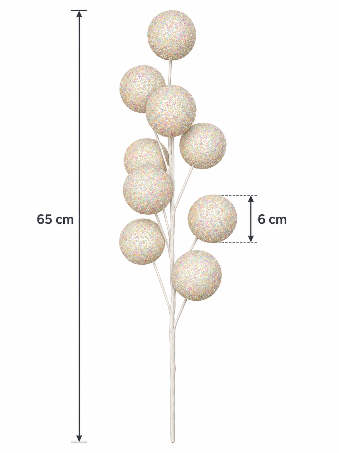 Iridescent sparkle ball spray with nine pearly sequin balls on a white stem, shown on a white background with 65cm height and 6cm ball size measurements