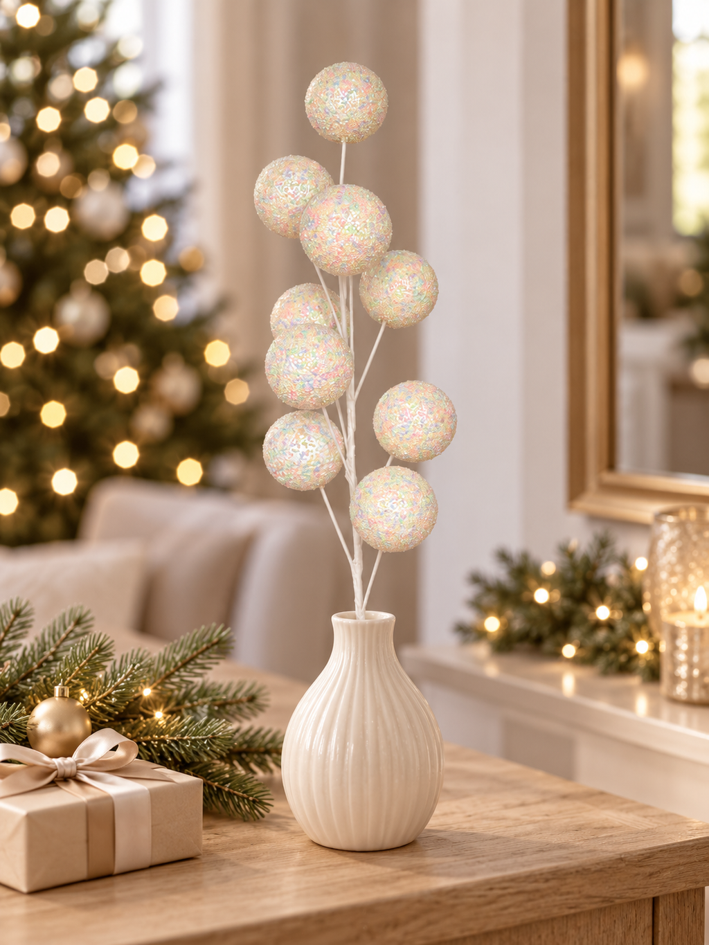 Iridescent sparkle ball spray in a cream ribbed ceramic vase on a wooden table with a wrapped gift, pine sprigs, a mirror and a glowing Christmas tree in the background