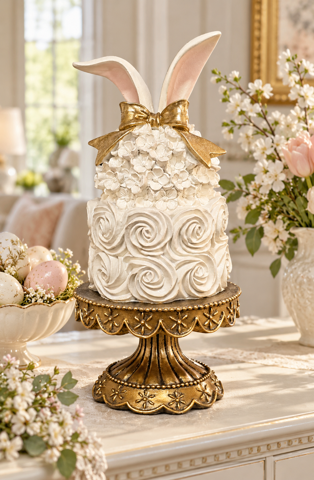 White rosette cake figurine with pink-lined bunny ears and a gold bow on an ornate gold pedestal stand, styled on a cream sideboard with a bowl of speckled Easter eggs and spring blossoms