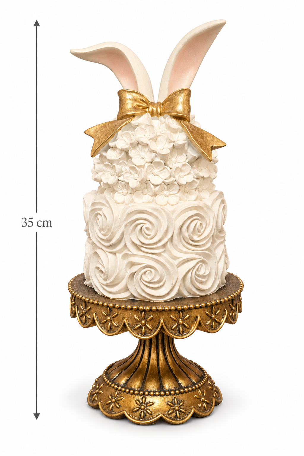 Bunny ears rosette cake figurine on antique gold pedestal stand, 35cm tall, with white piped rosettes, sculpted blossoms and a gold bow, shown on a white background with height measurement