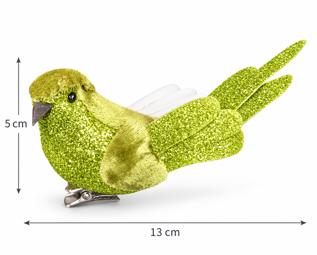 Lime green glitter clip-on bird ornament with white feather accents and silver metal clip on a plain white background, showing 13cm length and 5cm height