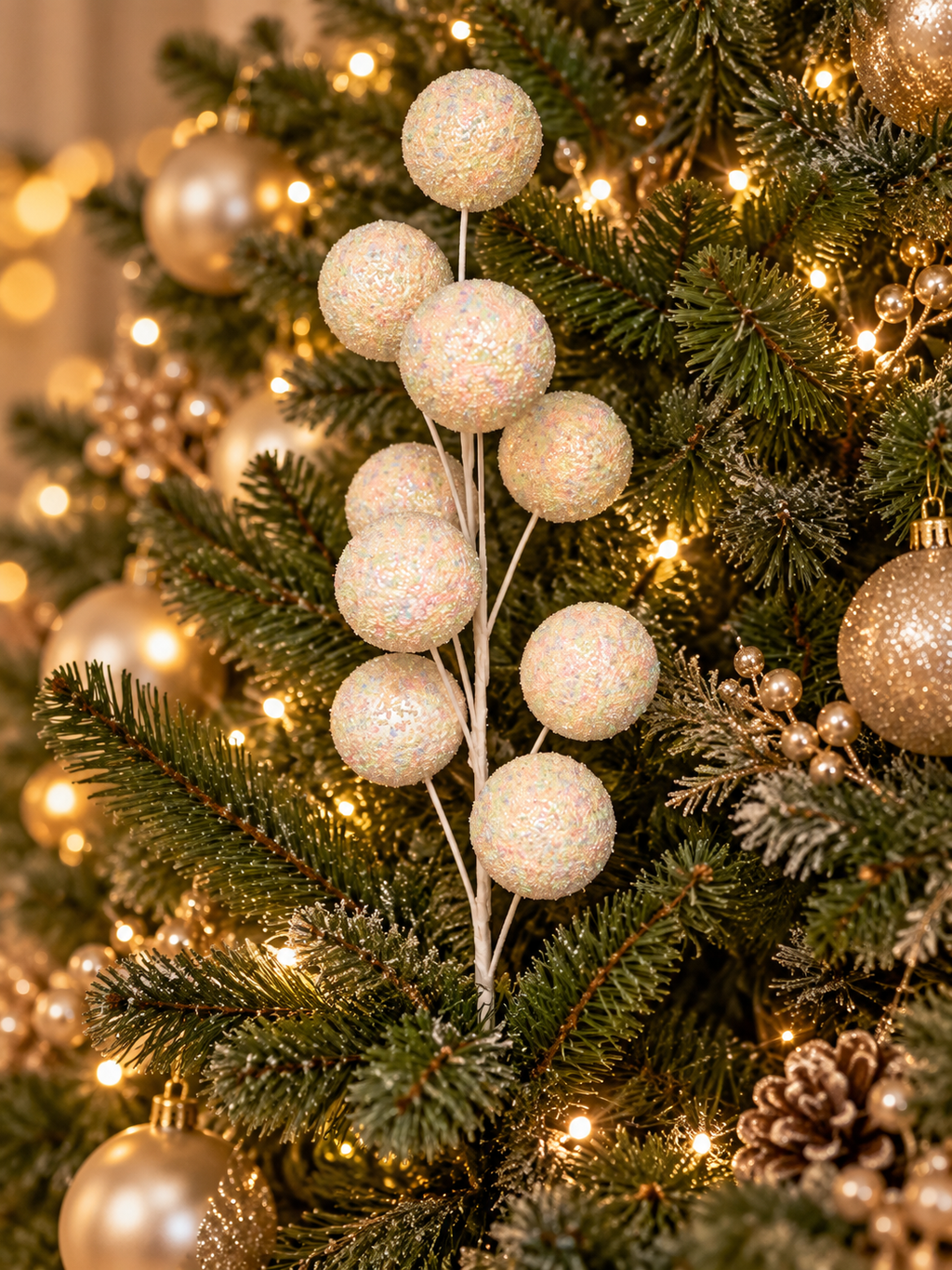 Iridescent sparkle ball spray with pearly sequin-covered balls tucked into a decorated Christmas tree beside gold baubles, pine branches and warm fairy lights