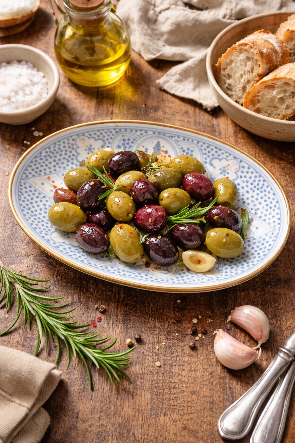 Blue and white oval ceramic serving dish styled with olives and bread on a rustic table — Mistletoe Home Australia