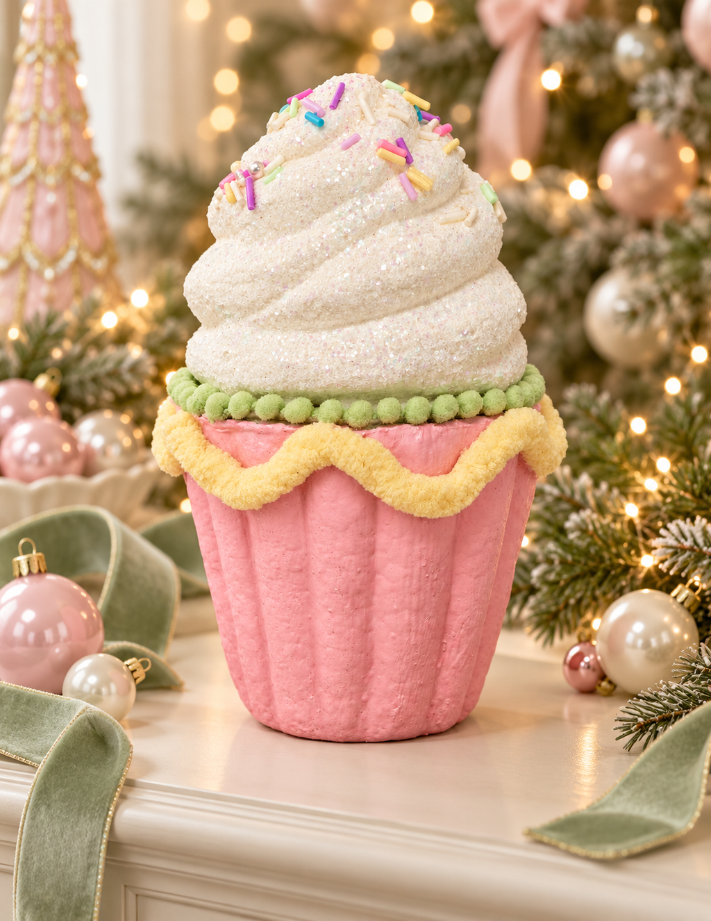 Pink sprinkle cupcake decoration with glittery white frosting, green pompom border and yellow wavy trim, styled on a white mantel with pink and pearl baubles, green velvet ribbon and a lit Christmas tree