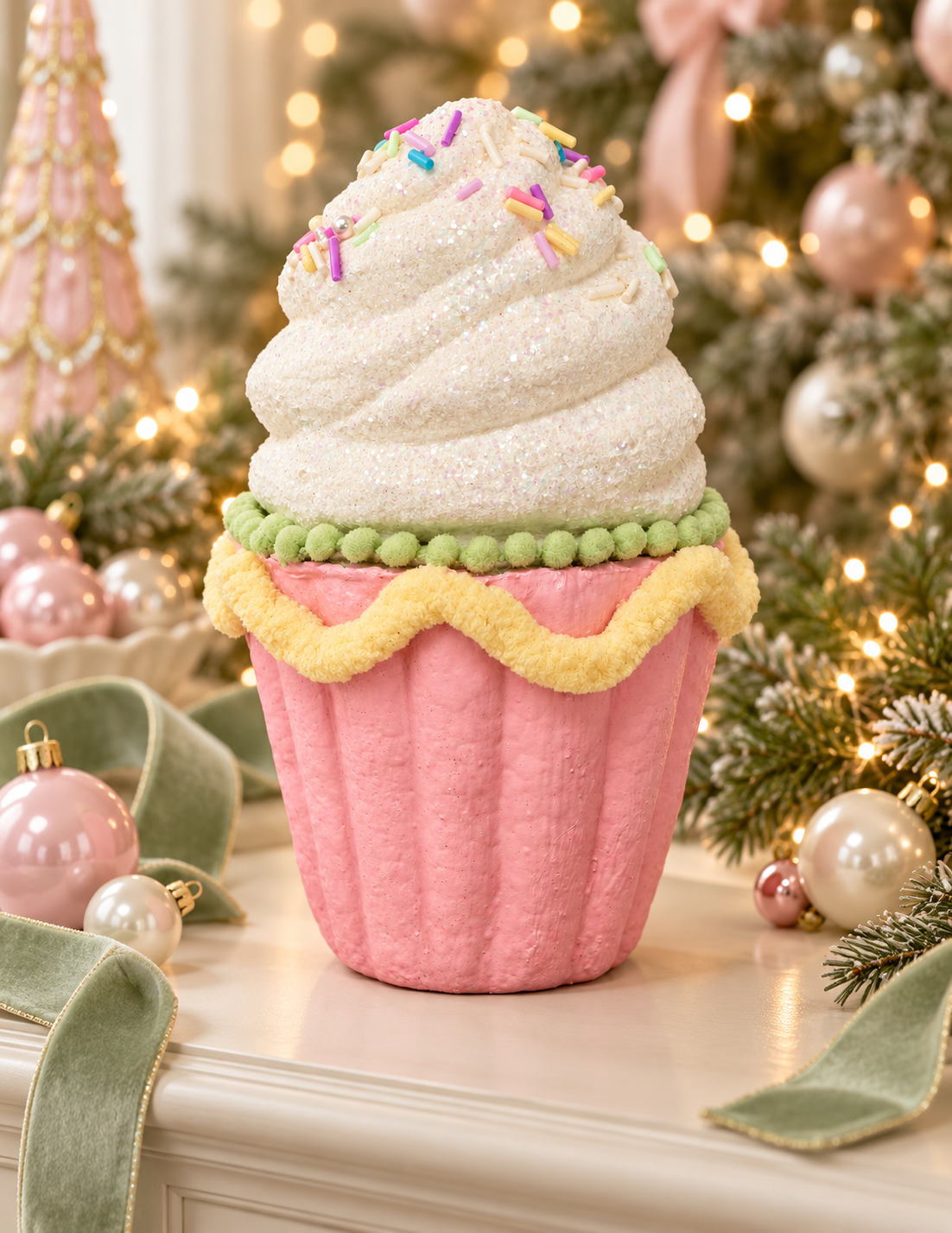 Pink sprinkle cupcake decoration with glittery white frosting, green pompom border and yellow wavy trim, styled on a white mantel with pink and pearl baubles, green velvet ribbon and a lit Christmas tree
