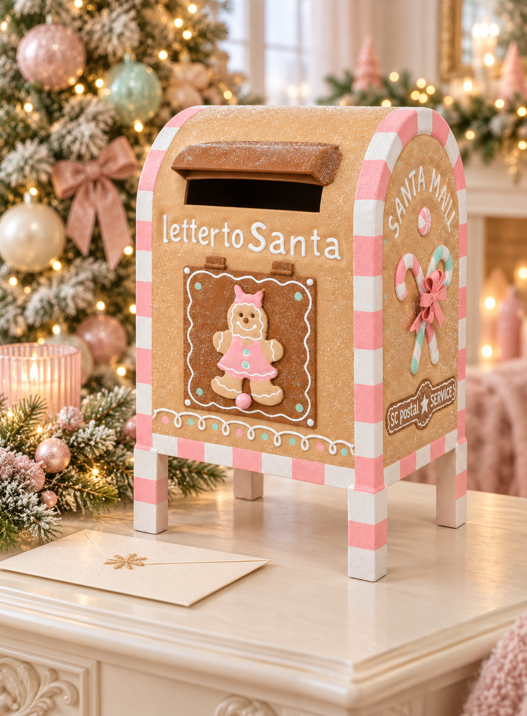 Pink gingerbread Santa mailbox with pink and white candy cane stripes, a gingerbread girl door and “letter to Santa” lettering, styled on a white sideboard with a pink candle holder, an envelope, frosted pine sprigs and a pastel Christmas tree