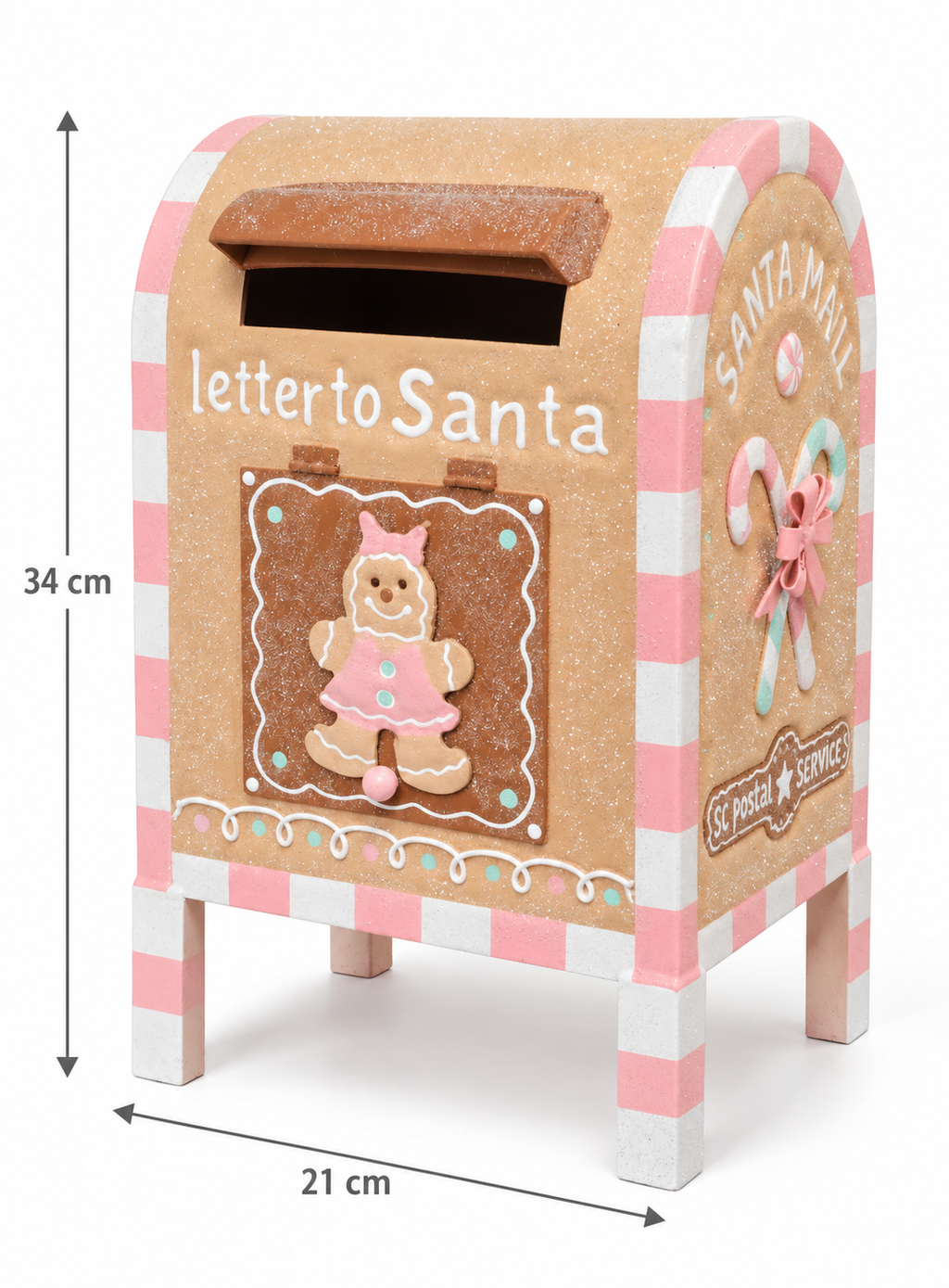 Pink gingerbread letter to Santa tin mailbox with candy cane striped frame, a gingerbread girl front panel and a “Santa Mail” side panel on a plain white background, showing 34cm height and 21cm width measurements