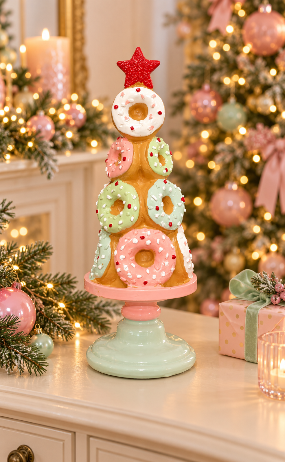 Pastel donut Christmas tree decoration with red star topper on a pink and mint pedestal stand, styled on a white sideboard with a blush Christmas tree, baubles, fairy lights and a wrapped gift
