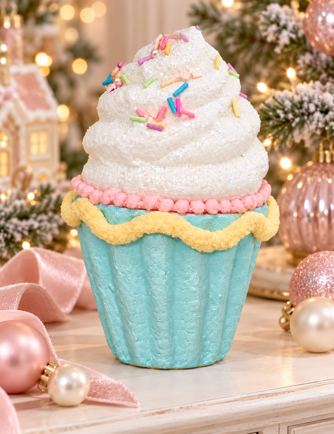 Pastel aqua sprinkle cupcake decoration with glittery white frosting, pink piped border and yellow trim, styled on a white console with pink baubles, pink ribbon and a Christmas tree with warm lights