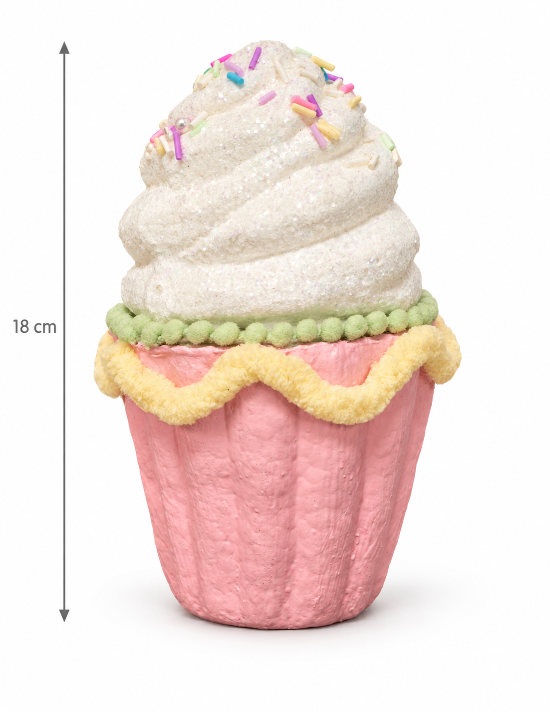 Pink sprinkle cupcake decoration, 18cm tall, with swirled white glitter frosting, rainbow sprinkles, green pompom border and yellow trim, shown on a white background with height measurement