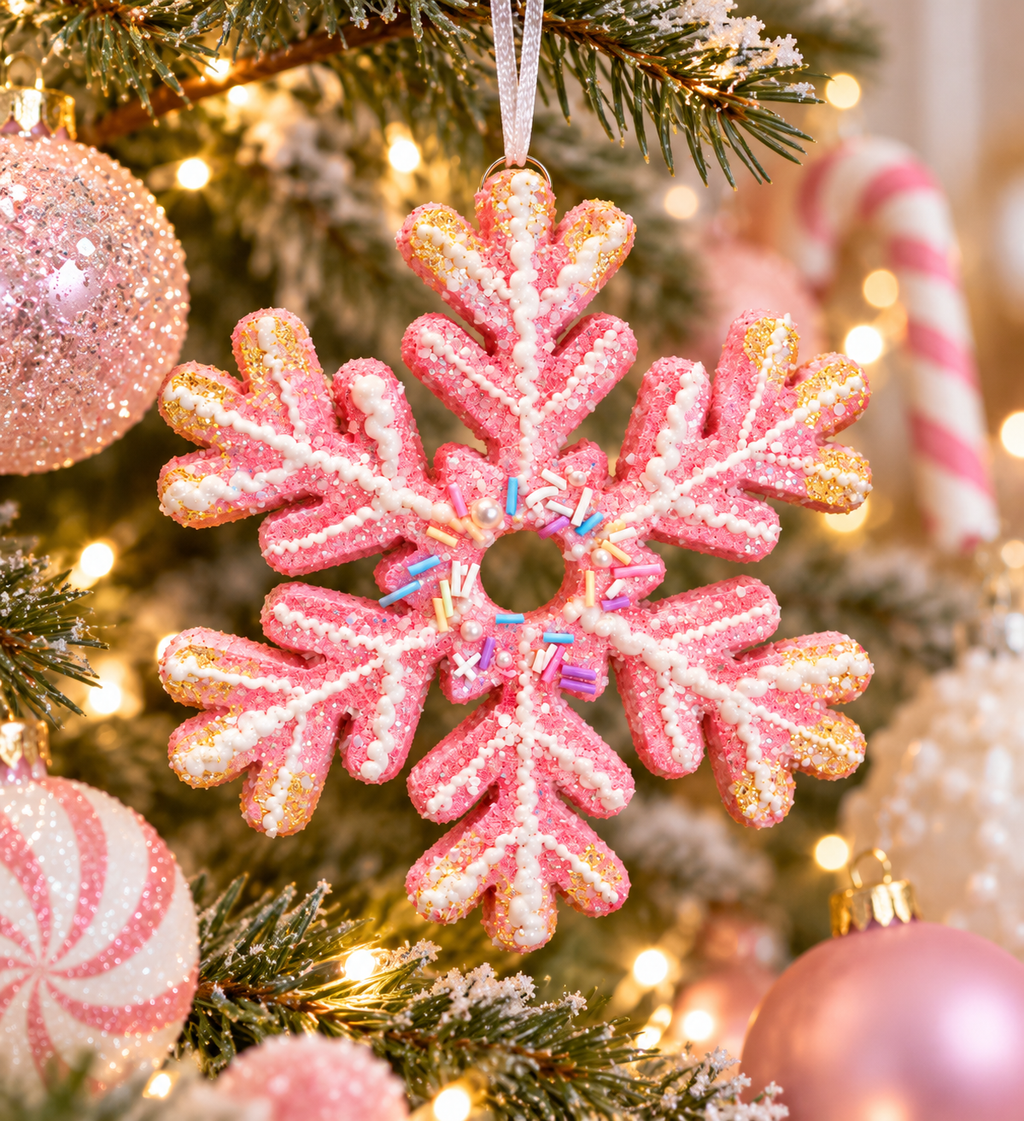 Pink glitter snowflake ornament with white piped icing, gold tips and rainbow sprinkles hanging from a white ribbon on a Christmas tree with pink baubles, a peppermint bauble and a candy cane