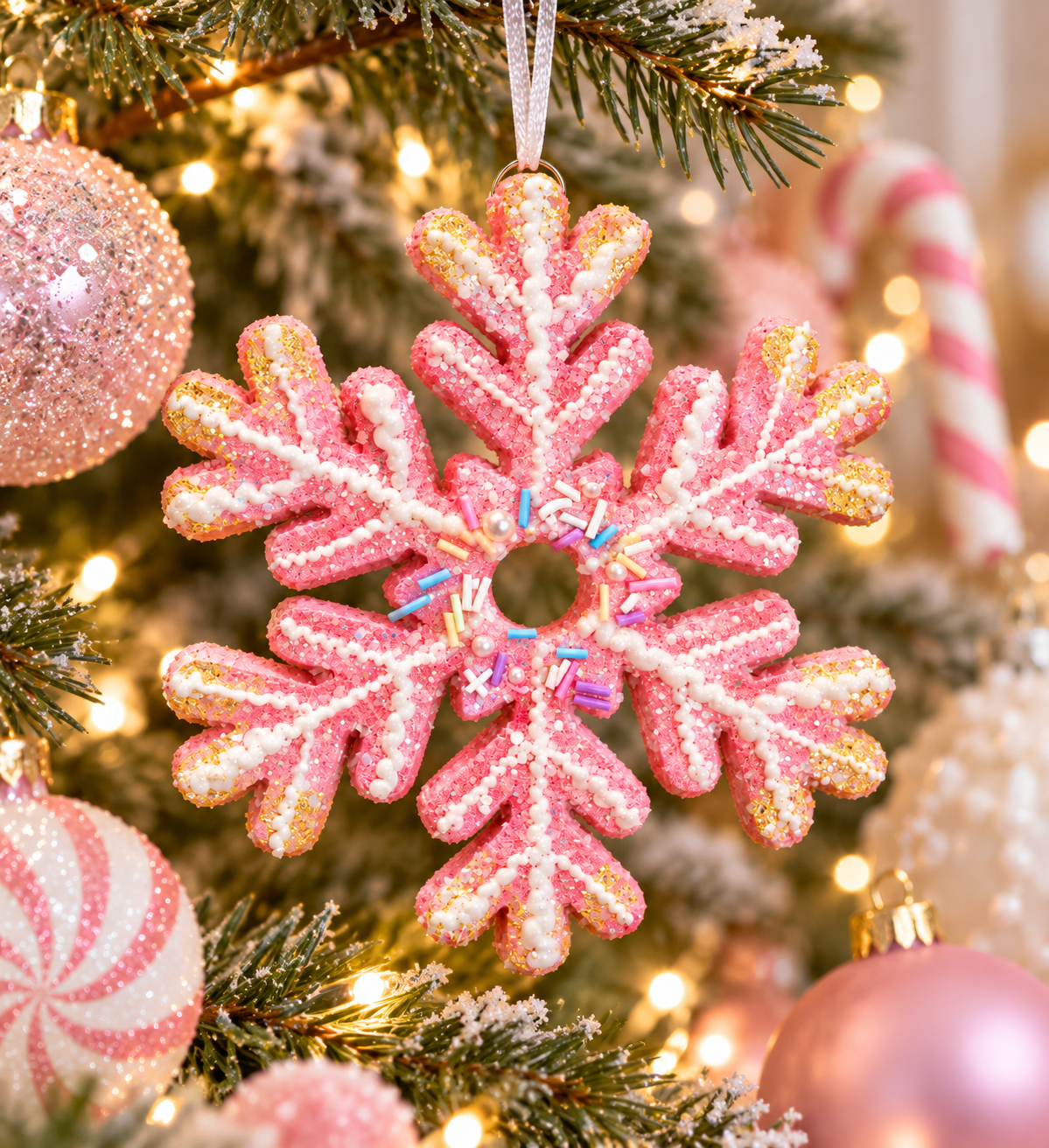 Pink glitter snowflake ornament with white piped icing, gold tips and rainbow sprinkles hanging from a white ribbon on a Christmas tree with pink baubles, a peppermint bauble and a candy cane