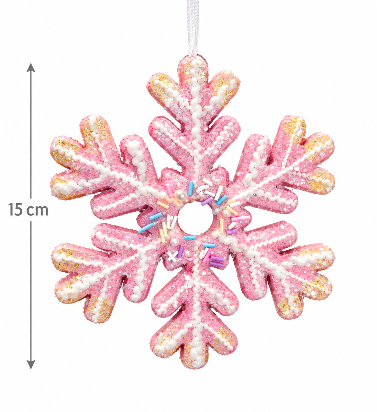 Pink iced snowflake hanging ornament, 15cm, with glittery finish, white icing detail, gold tips, rainbow sprinkles and white ribbon hanger, shown on a white background with height measurement