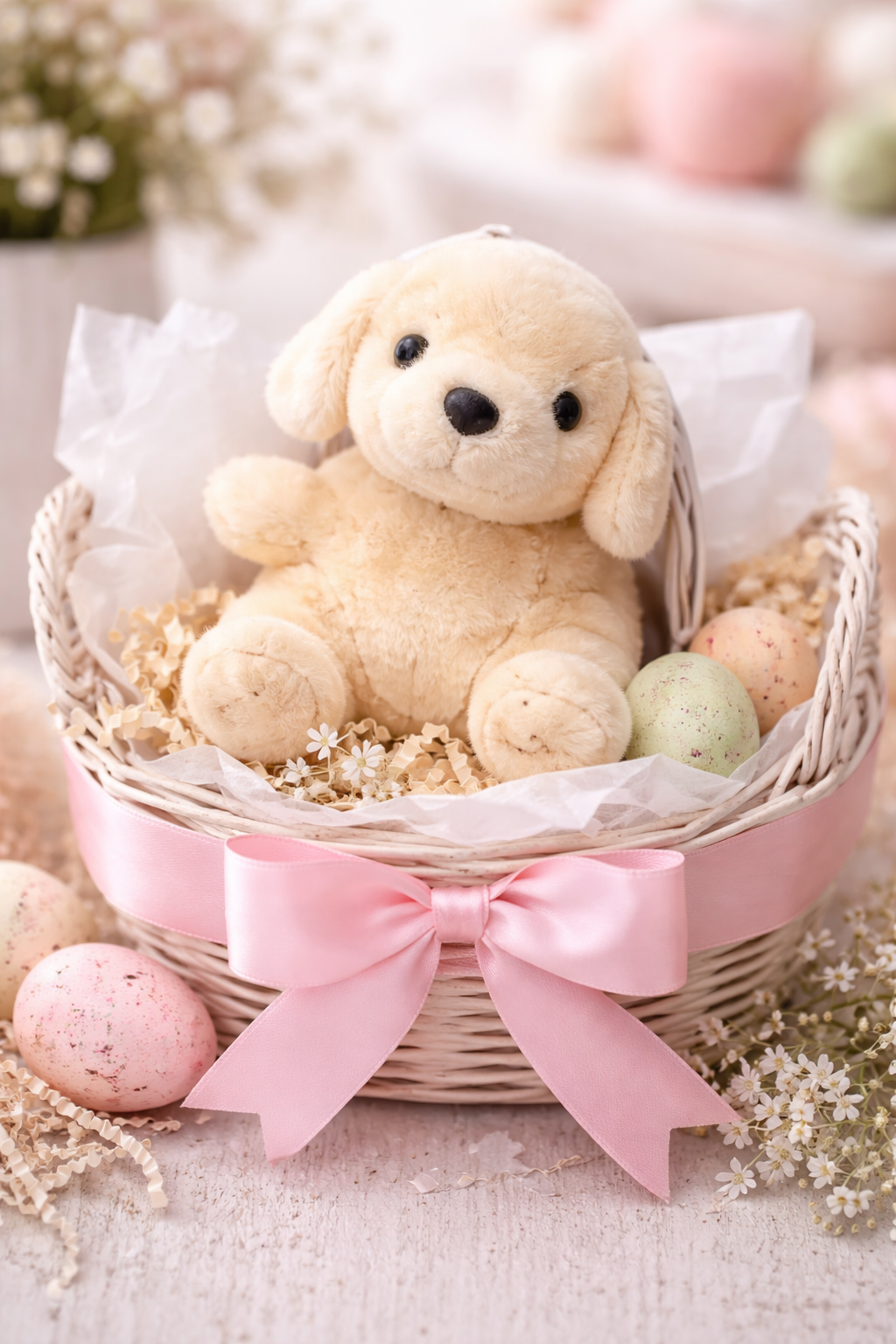 Sunny Lab Palm Pals cream Labrador plush toy sitting in a white wicker Easter basket with pink satin bow, pastel speckled eggs and tissue paper, styled with white gypsophila flowers — Mistletoe Home