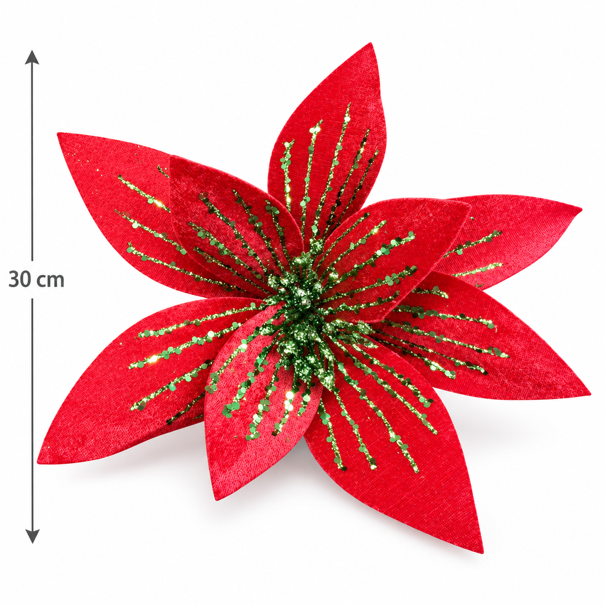 Red poinsettia flower with green glitter veins and a green glitter centre on a plain white background, showing a 30cm size measurement
