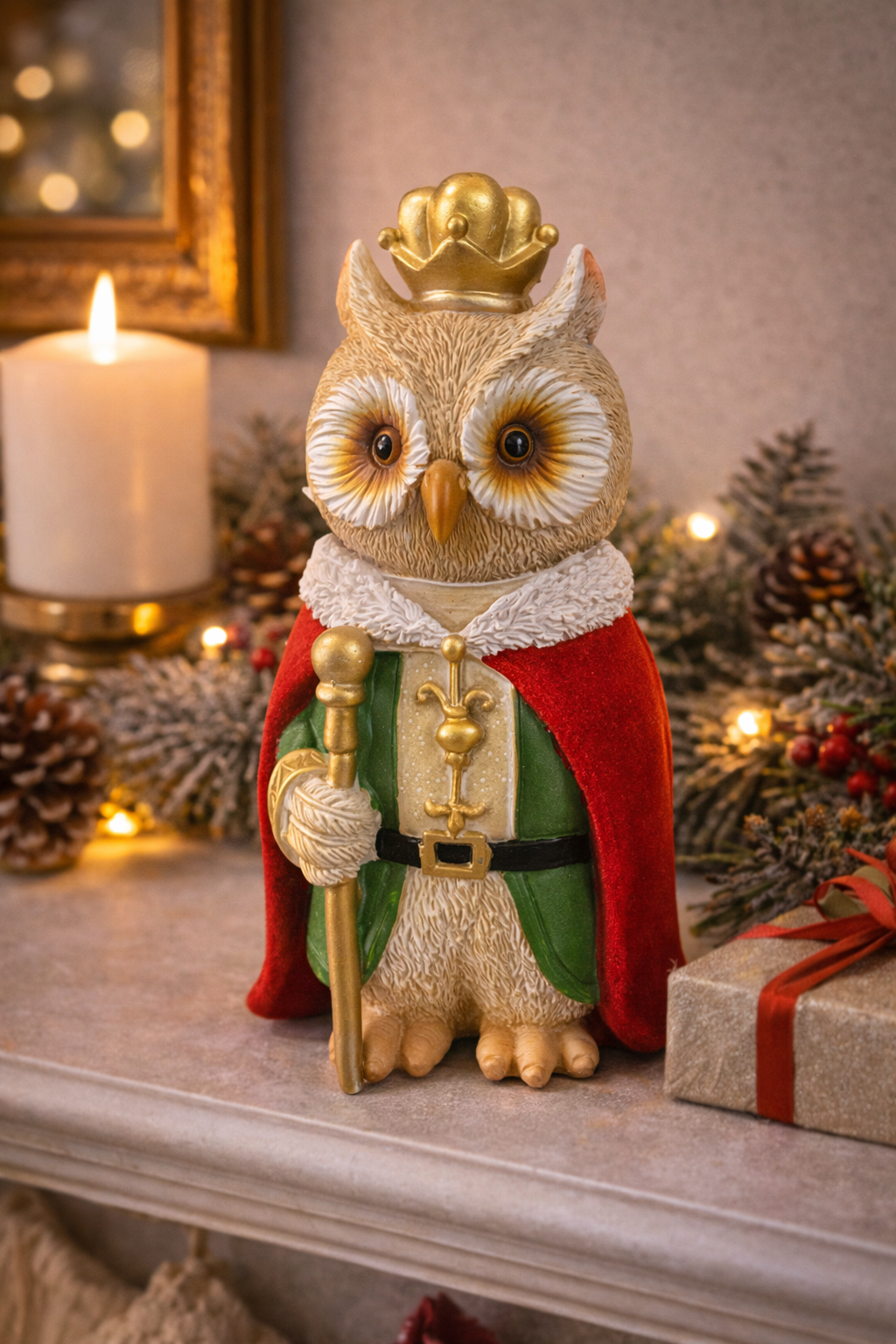 Royal owl Christmas figurine wearing red cape, gold crown and sceptre styled on a mantle with frosted garland, pine cones and a wrapped gift — Mistletoe Home