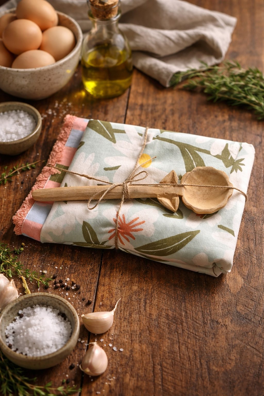 Tea towel and wooden spoon gift set styled in a rustic kitchen — Mistletoe Home Australia
