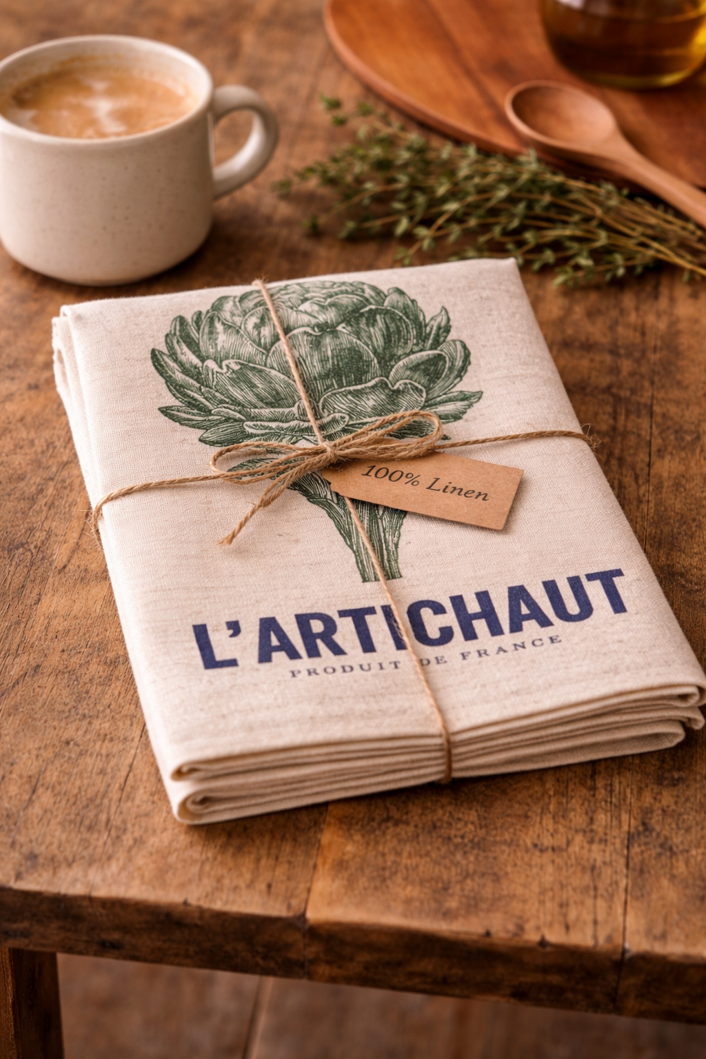 L'Artichaut linen tea towel folded and tied with natural twine bow and 100% linen tag, styled on a rustic timber table with coffee cup, wooden spoon and fresh thyme — Mistletoe Home