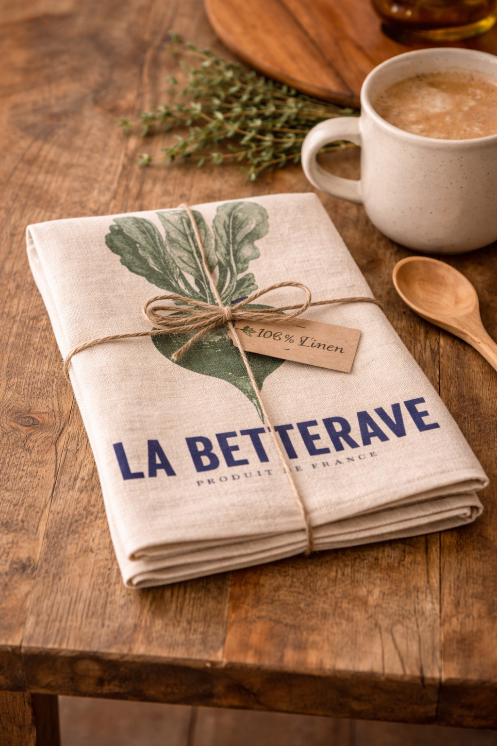 La Betterave linen tea towel folded and tied with natural twine bow and 100% linen tag, styled on a rustic timber table with coffee cup, wooden spoon and fresh thyme — Mistletoe Home