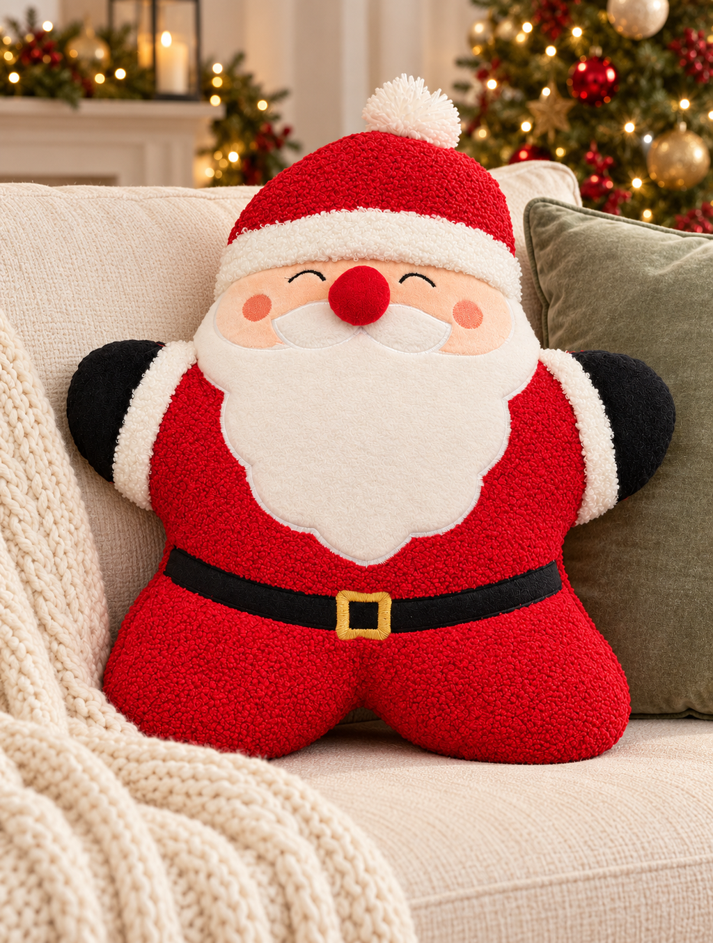 Santa Claus shaped red boucle cushion with white pompom hat, red pompom nose and fluffy white beard, styled on a cream sofa with a chunky knit throw, green velvet cushion and Christmas tree in the background