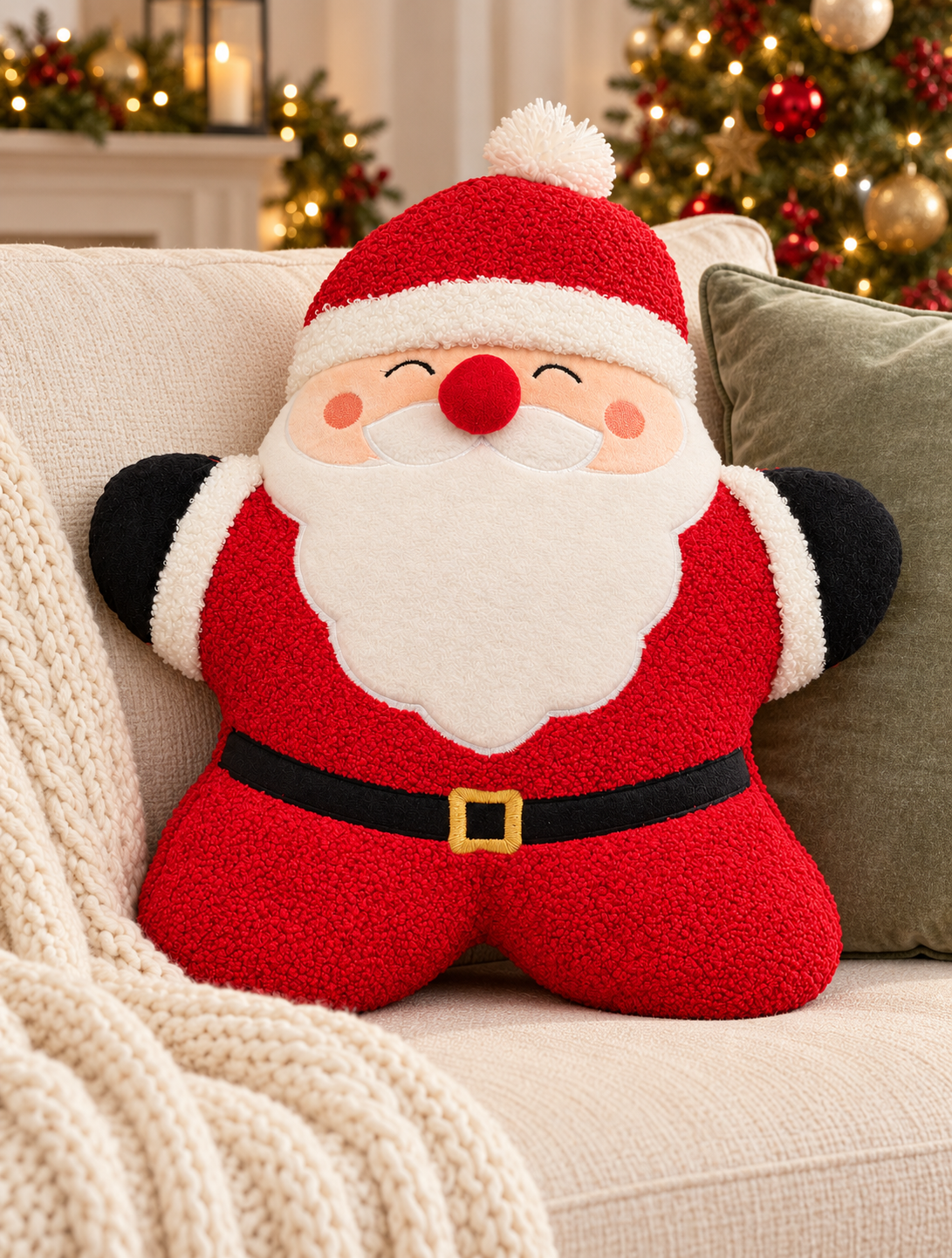 Santa Claus shaped red boucle cushion with white pompom hat, red pompom nose and fluffy white beard, styled on a cream sofa with a chunky knit throw, green velvet cushion and Christmas tree in the background