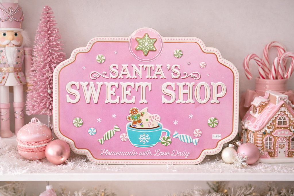 Pink embossed Santa's Sweet Shop tin sign styled on a white shelf with pink nutcracker, pink bottle brush trees, candy canes, macarons, pink baubles and a pink gingerbread house Christmas display — Mistletoe Home