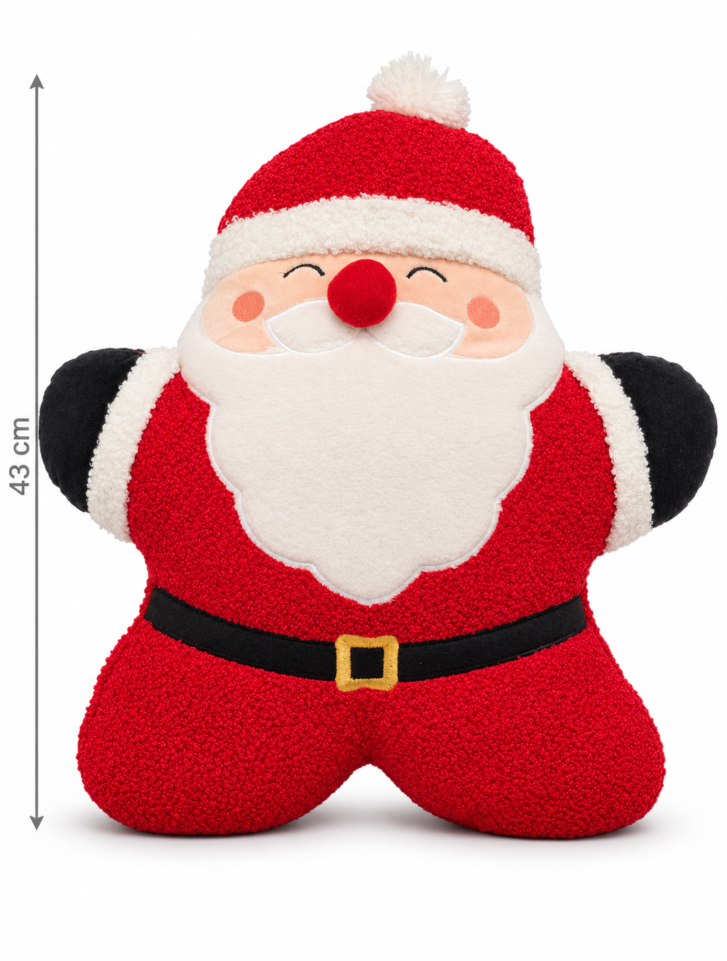 Santa Claus shaped cushion, 43cm tall, in red boucle with black belt, embroidered gold buckle, black mitts and pompom hat, shown on a white background with height measurement