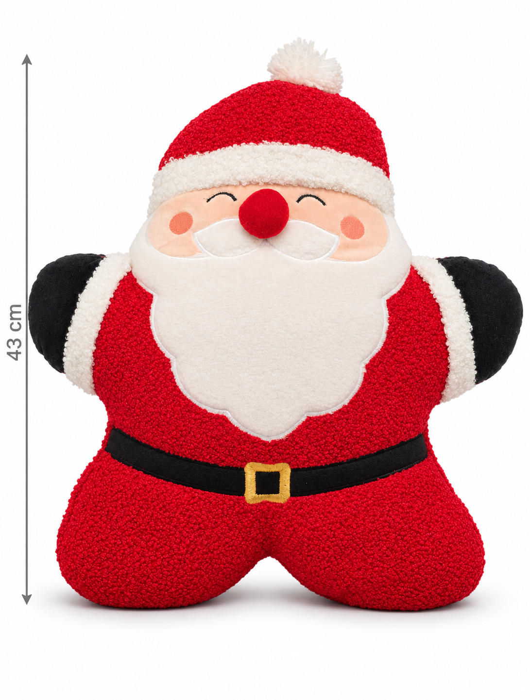 Santa Claus shaped cushion, 43cm tall, in red boucle with black belt, embroidered gold buckle, black mitts and pompom hat, shown on a white background with height measurement