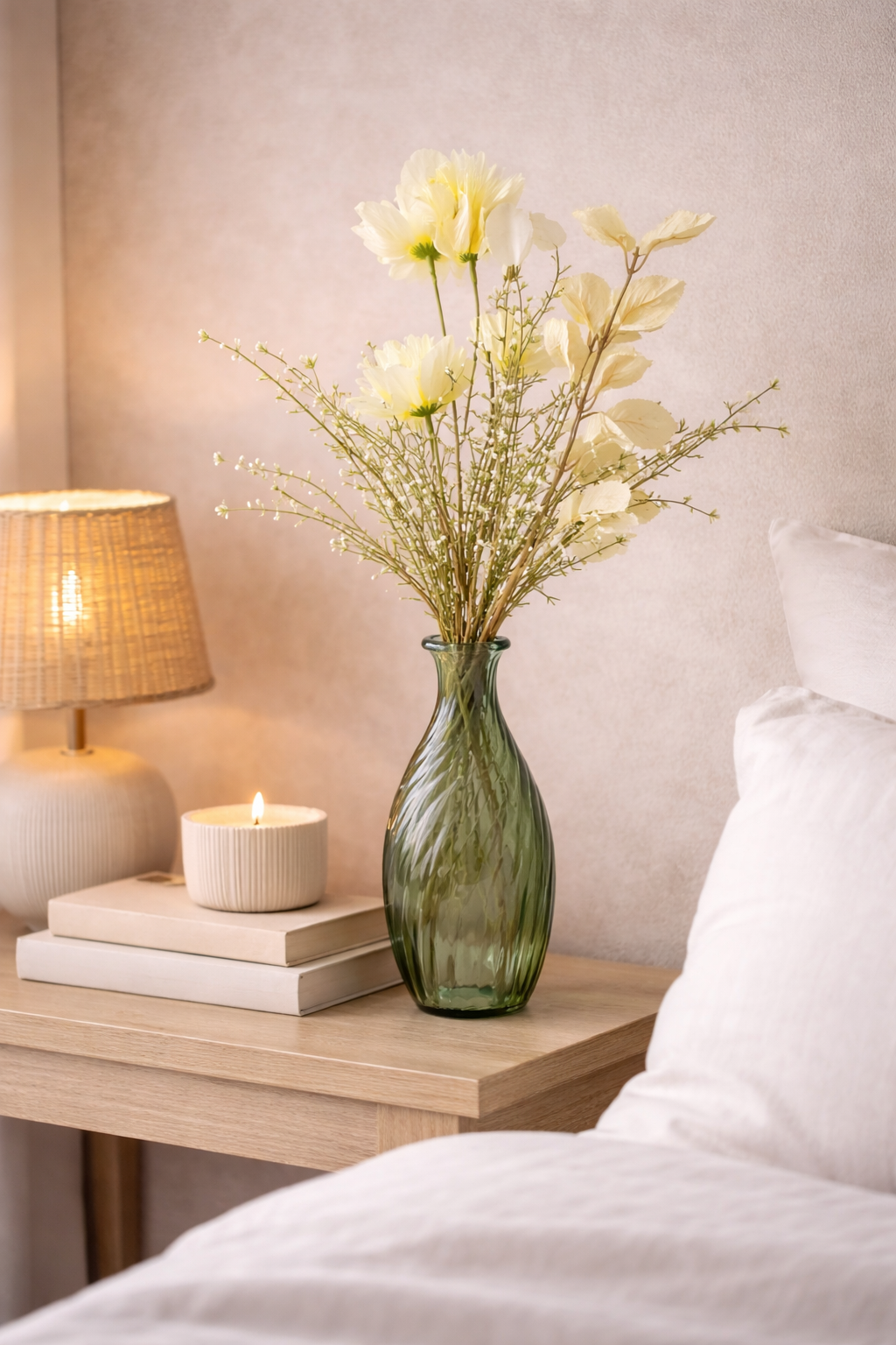 Cream and yellow faux wildflower bunch styled in a green glass vase on a timber bedside table with candle and lamp — bedroom home décor Australia Mistletoe Home