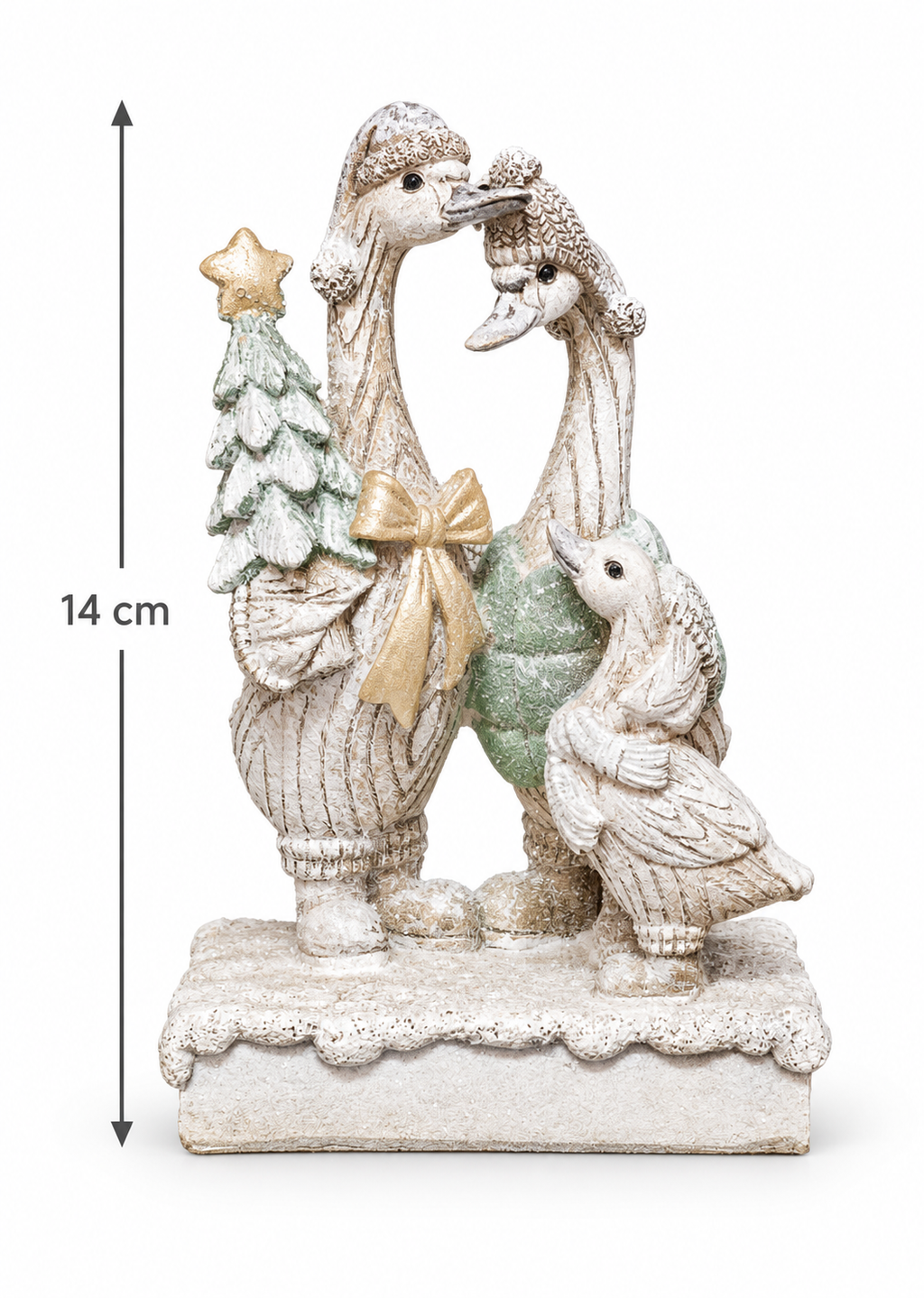 Christmas goose family figurine with two geese in beanies, a gosling, a mint tree with gold star and a gold bow on a snow-dusted base, shown on a plain white background with a 14cm height measurement