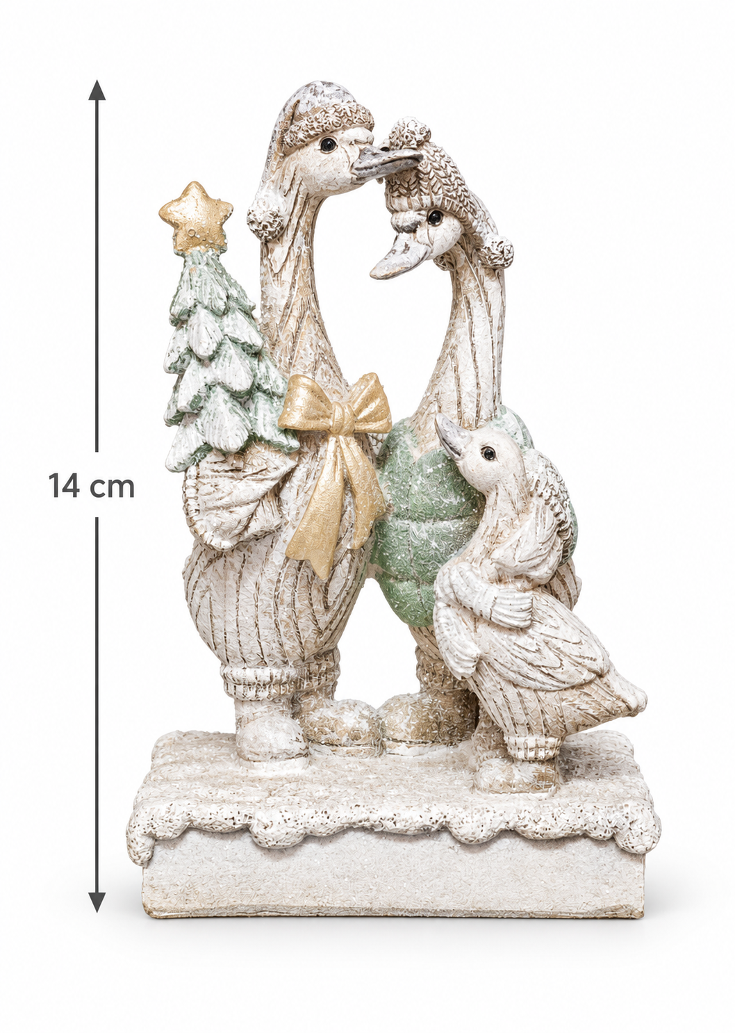 Christmas goose family figurine with two geese in beanies, a gosling, a mint tree with gold star and a gold bow on a snow-dusted base, shown on a plain white background with a 14cm height measurement