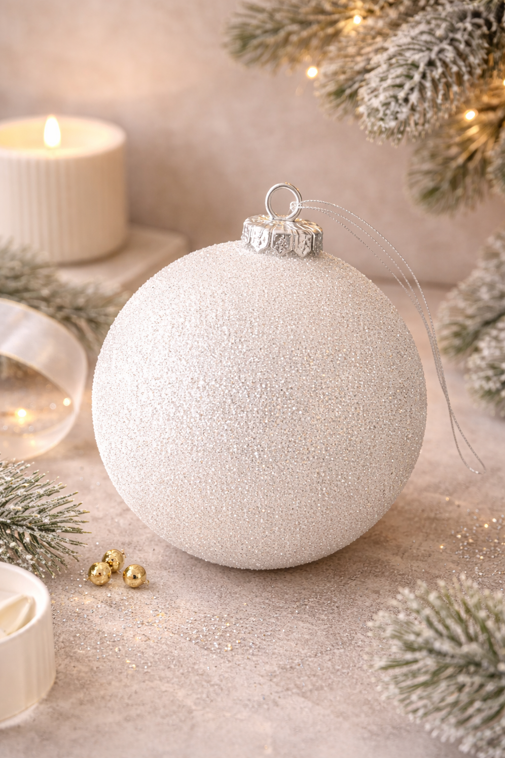 Large white glitter Christmas bauble 20cm styled on a surface with candle frosted greenery and gold mini baubles — elegant Christmas décor Australia Mistletoe Home