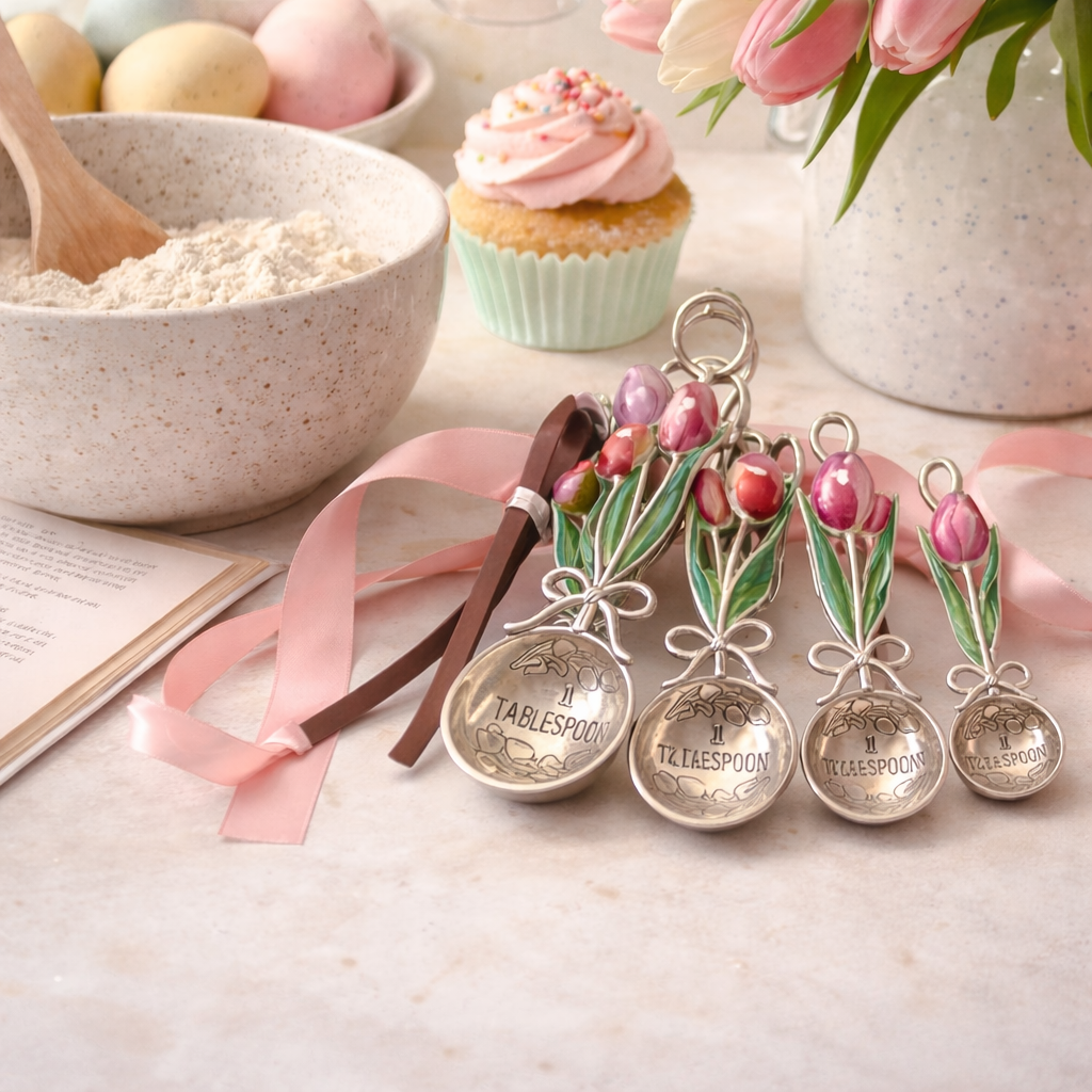Set of four tulip measuring spoons with hand-painted enamel handles styled on a baking table with flour, a pink cupcake and fresh tulips — Mistletoe Home