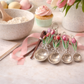 Set of four tulip measuring spoons with hand-painted enamel handles styled on a baking table with flour, a pink cupcake and fresh tulips — Mistletoe Home