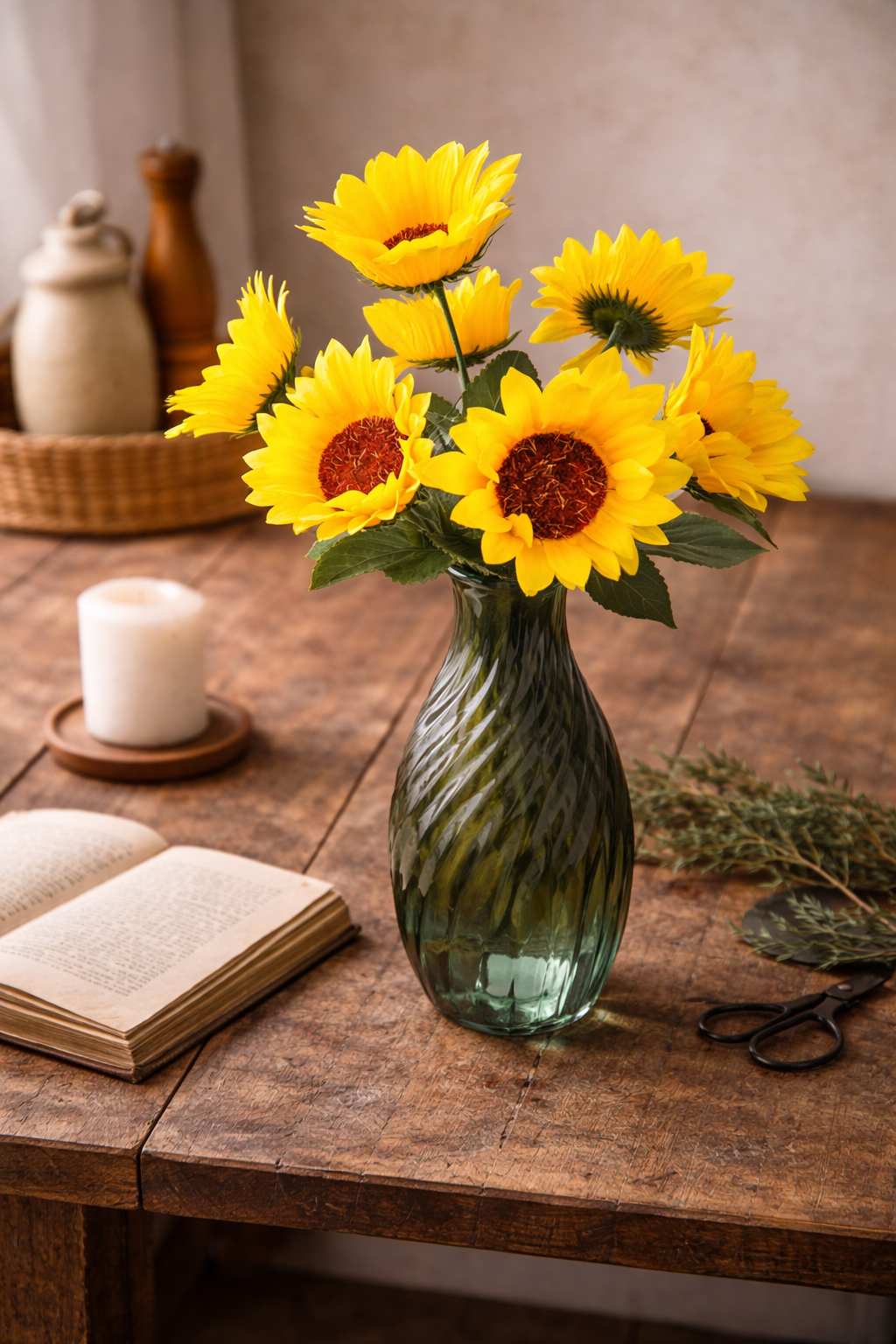 Faux sunflower bunch with 7 vivid yellow blooms and russet centres arranged in a green glass swirl vase on a rustic timber table styled with an open book, white candle and garden scissors — Mistletoe Home
