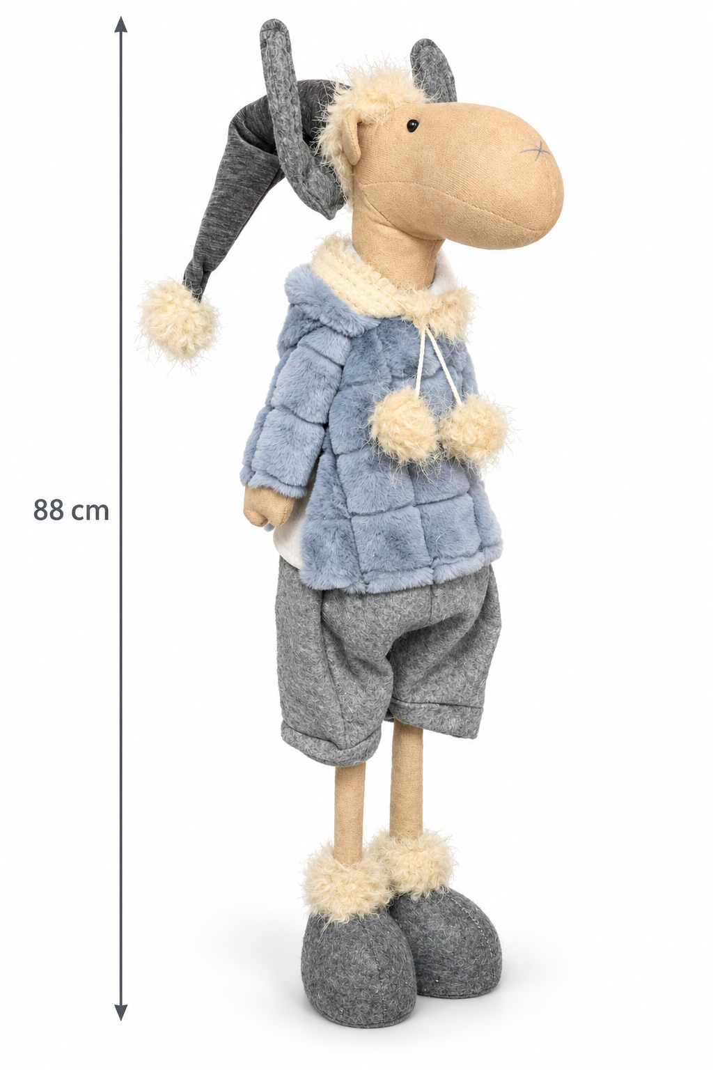 Standing Christmas moose with extended telescopic legs, blue faux fur jacket, grey shorts, grey beanie and fluffy-cuffed grey boots on a plain white background, showing an 88cm height measurement