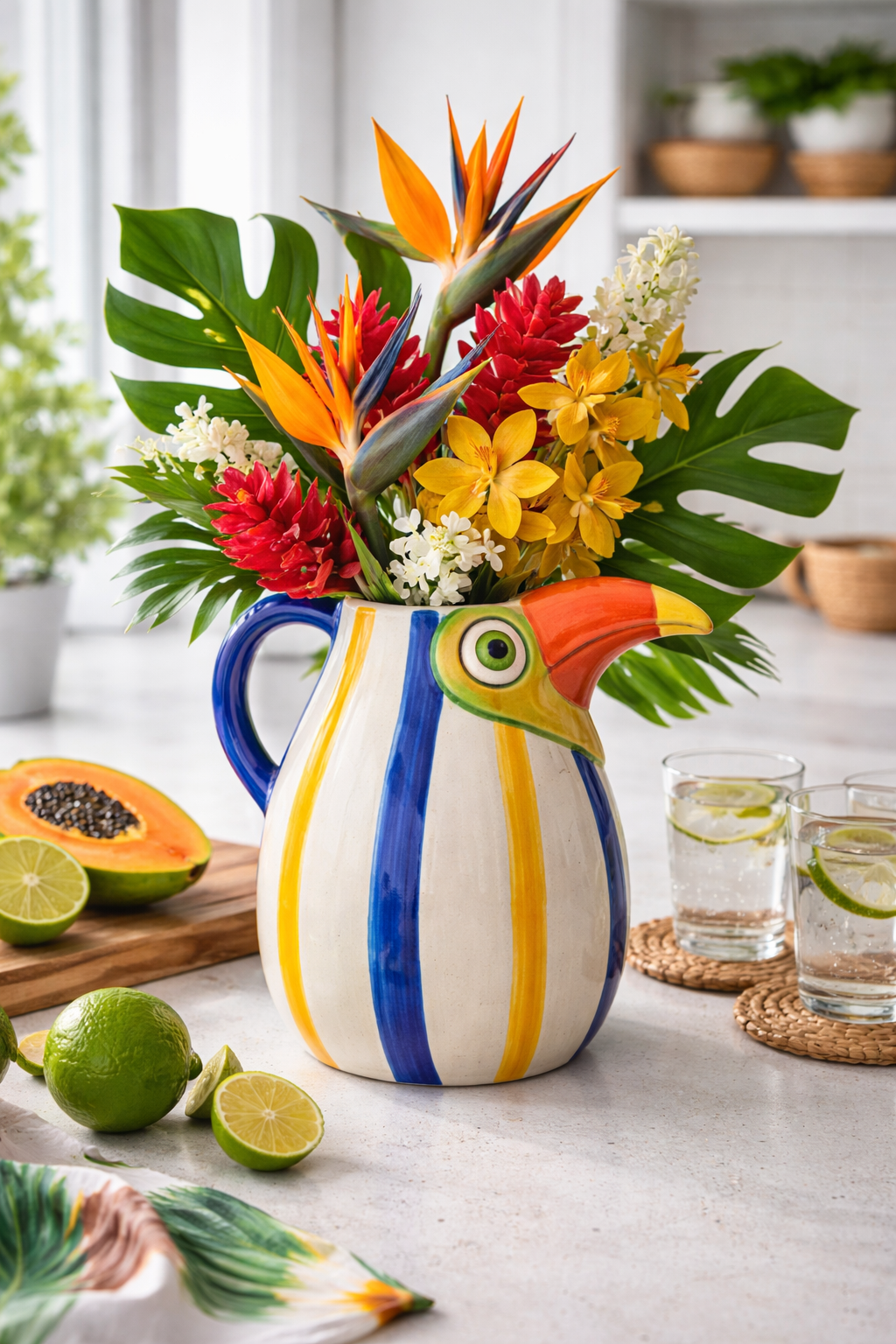 Ceramic toucan jug used as a vase filled with vibrant tropical flowers including bird of paradise, red ginger and monstera leaves, styled on a white kitchen bench with limes and water glasses — Mistletoe Home