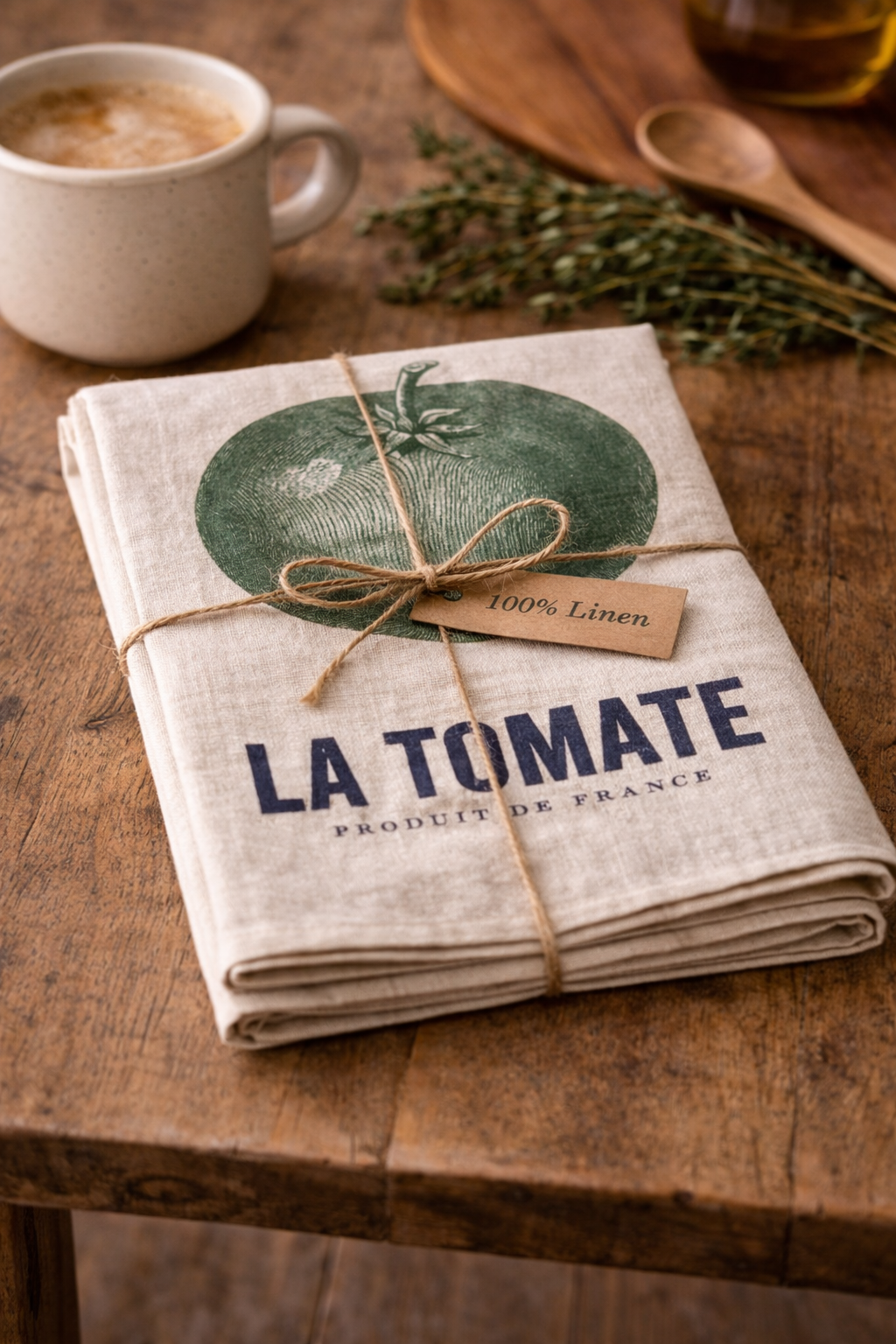 La Tomate linen tea towel folded and tied with natural twine bow and 100% linen tag, styled on a rustic timber table with coffee cup, wooden spoon and fresh thyme — Mistletoe Home