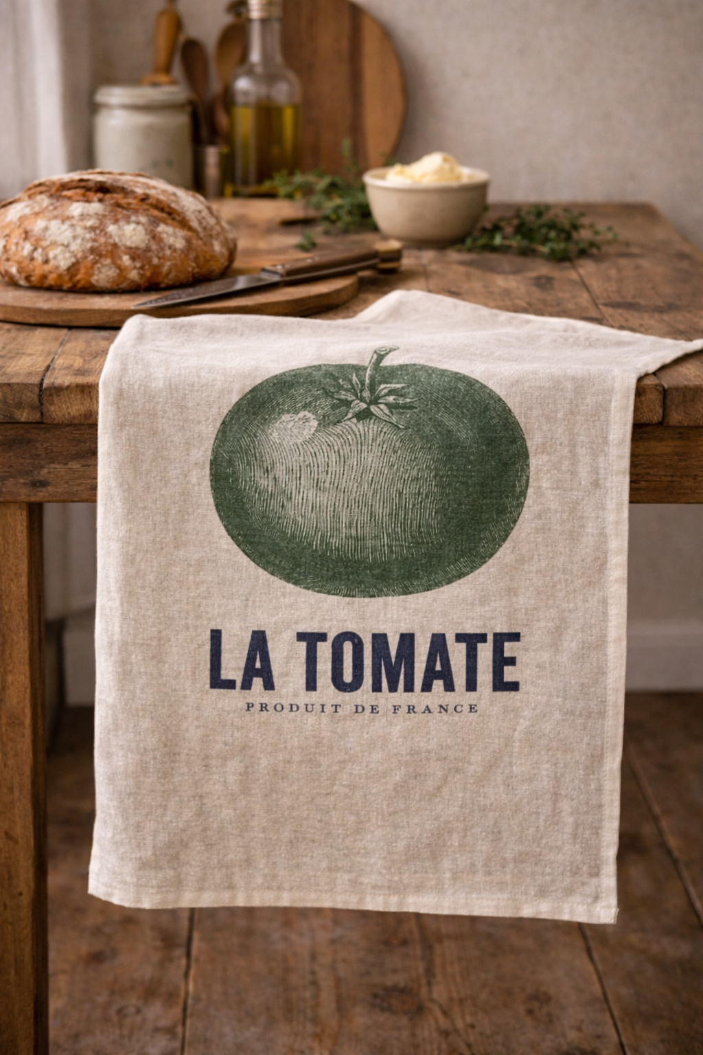 Natural linen tea towel with navy and green La Tomate French tomato botanical print draped over a rustic timber kitchen table with sourdough bread, olive oil and fresh herbs — Mistletoe Home
