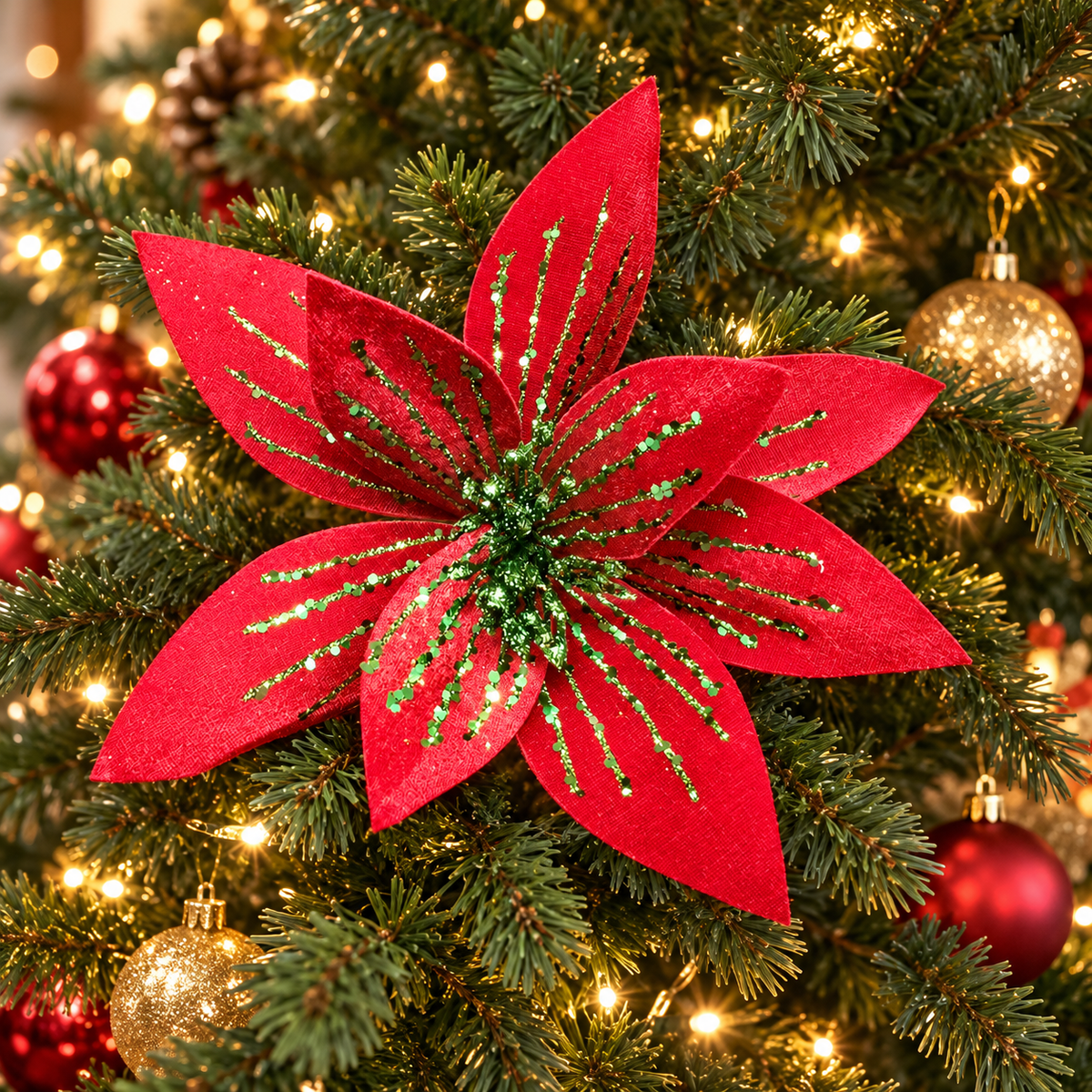 Large red glitter poinsettia with green glitter veins and a green glittery centre nestled in a Christmas tree with red and gold baubles and warm fairy lights