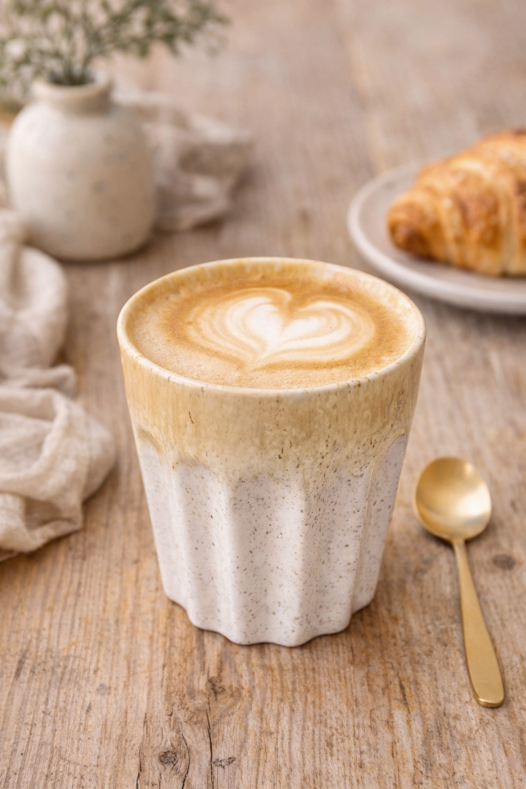 Speckled ceramic latte cup with scalloped base filled with latte art styled on a rustic wooden table with croissant and gold spoon — Mistletoe Home Australia